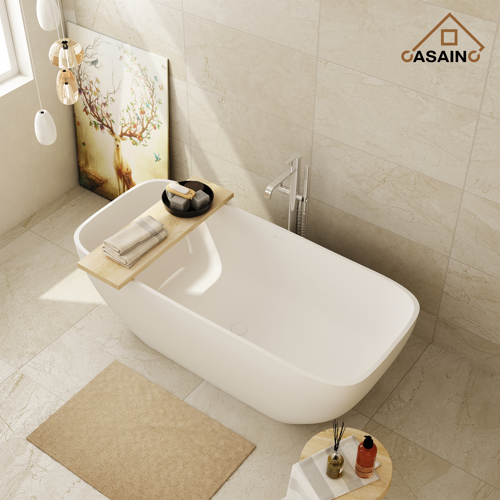 67" Solid Surface Freestanding Bathtub, Stone Resin Freestanding Tubs with Overflow and Drain, Matte White