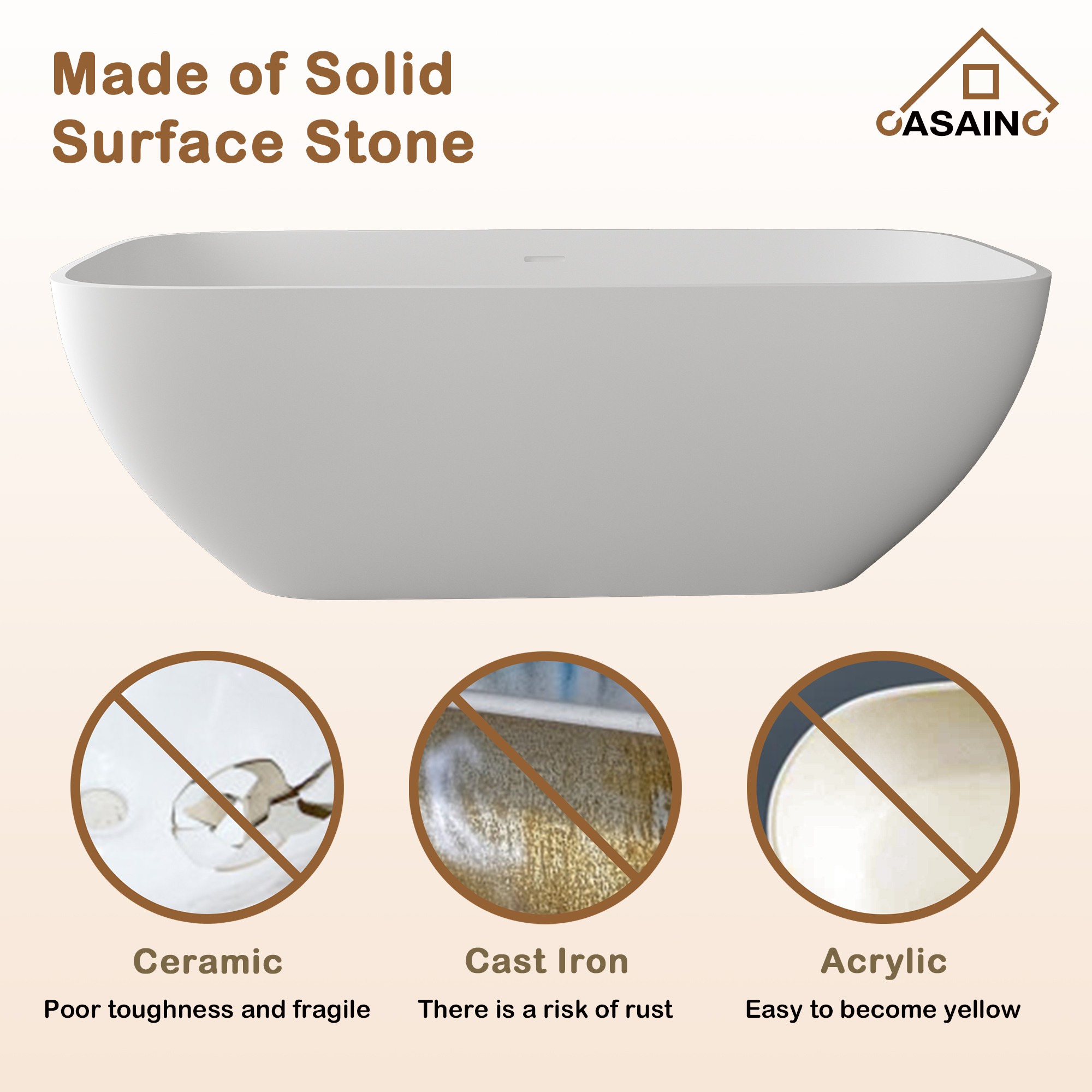 67" Solid Surface Freestanding Bathtub, Stone Resin Freestanding Tubs with Overflow and Drain, Matte White