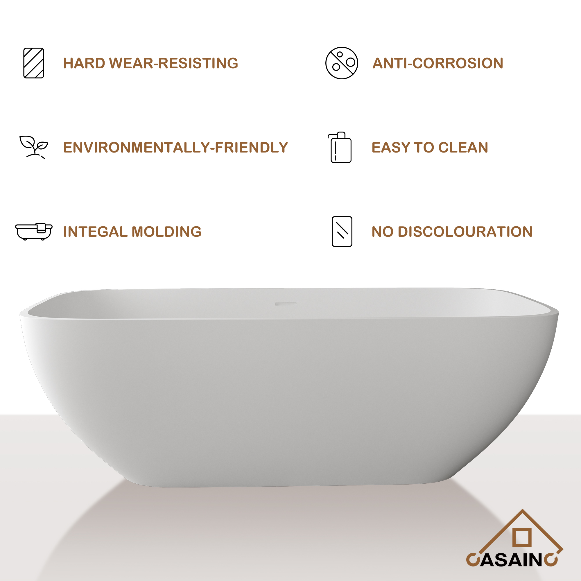 67" Solid Surface Freestanding Bathtub, Stone Resin Freestanding Tubs with Overflow and Drain, Matte White