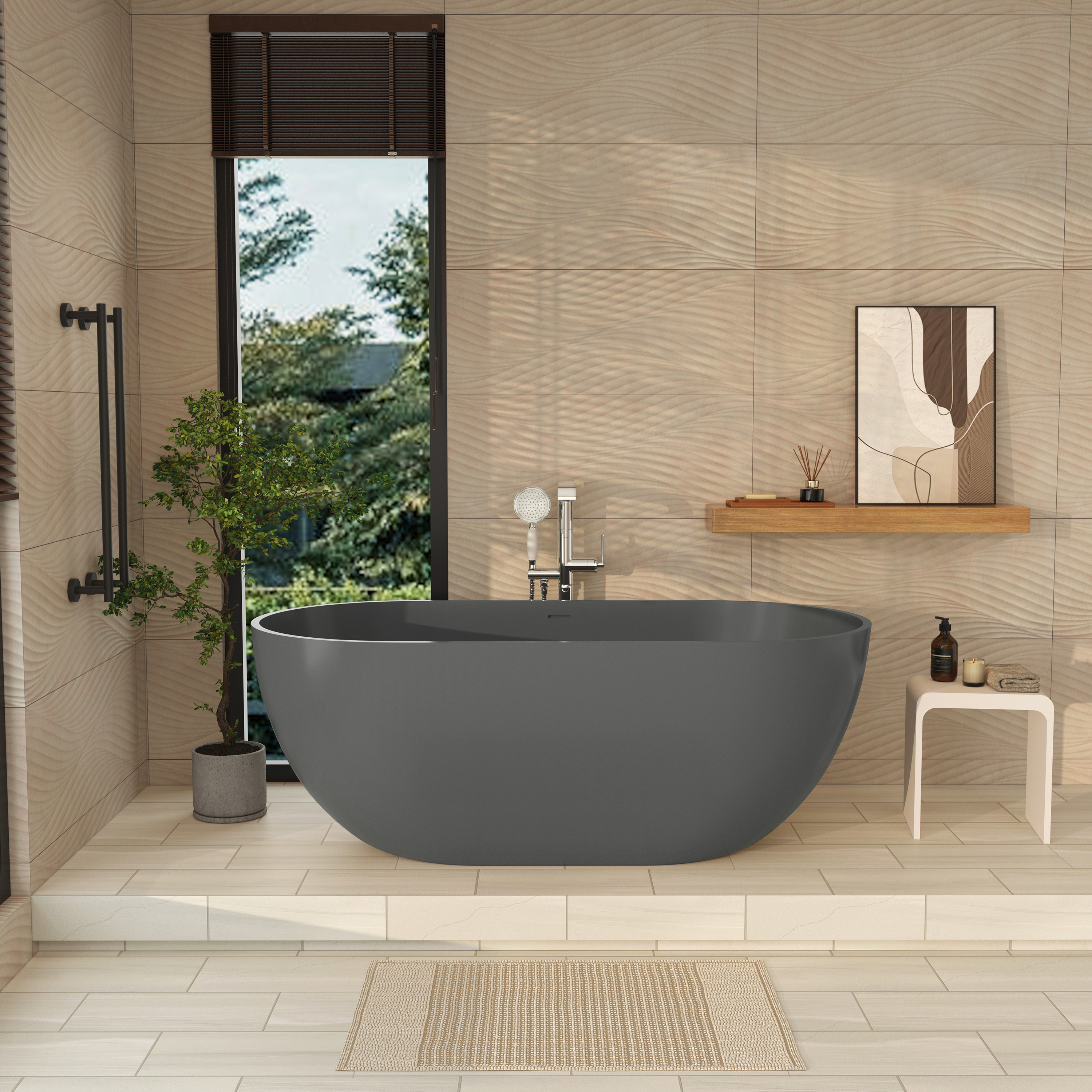 59" Dark Grey Solid Surface Freestanding Bathtub with Modern Industrial Elegance
