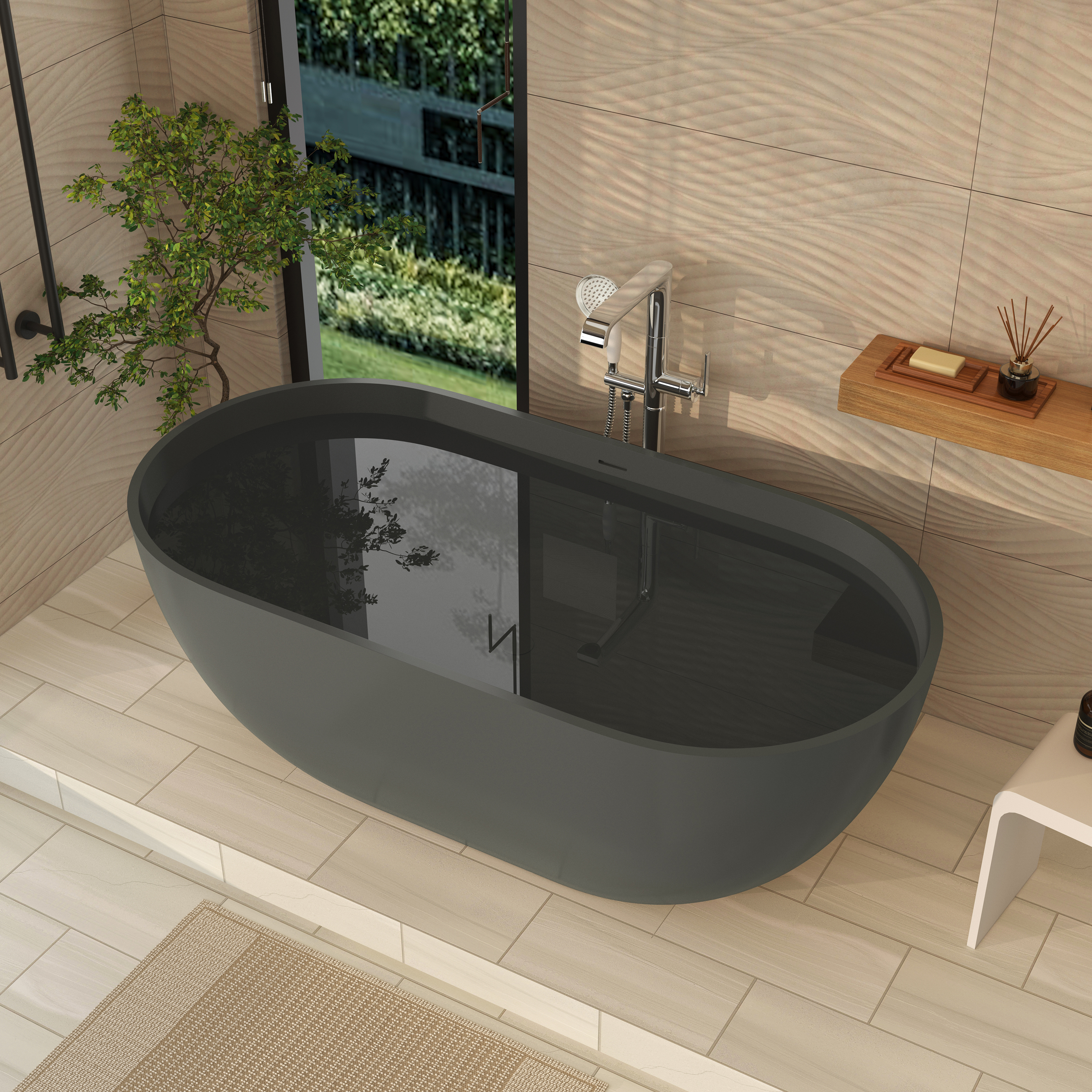 59" Dark Grey Solid Surface Freestanding Bathtub with Modern Industrial Elegance