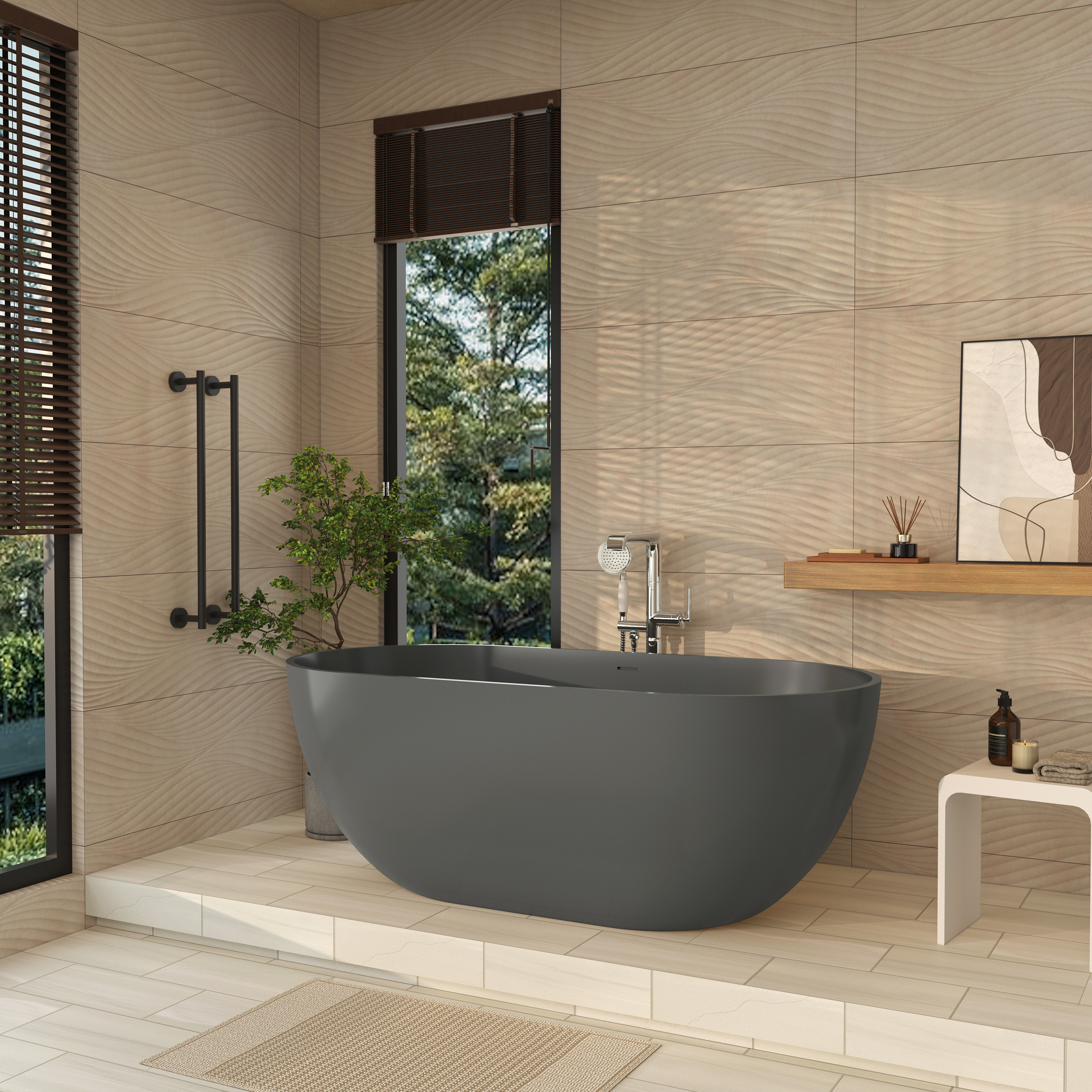 59" Dark Grey Solid Surface Freestanding Bathtub with Modern Industrial Elegance