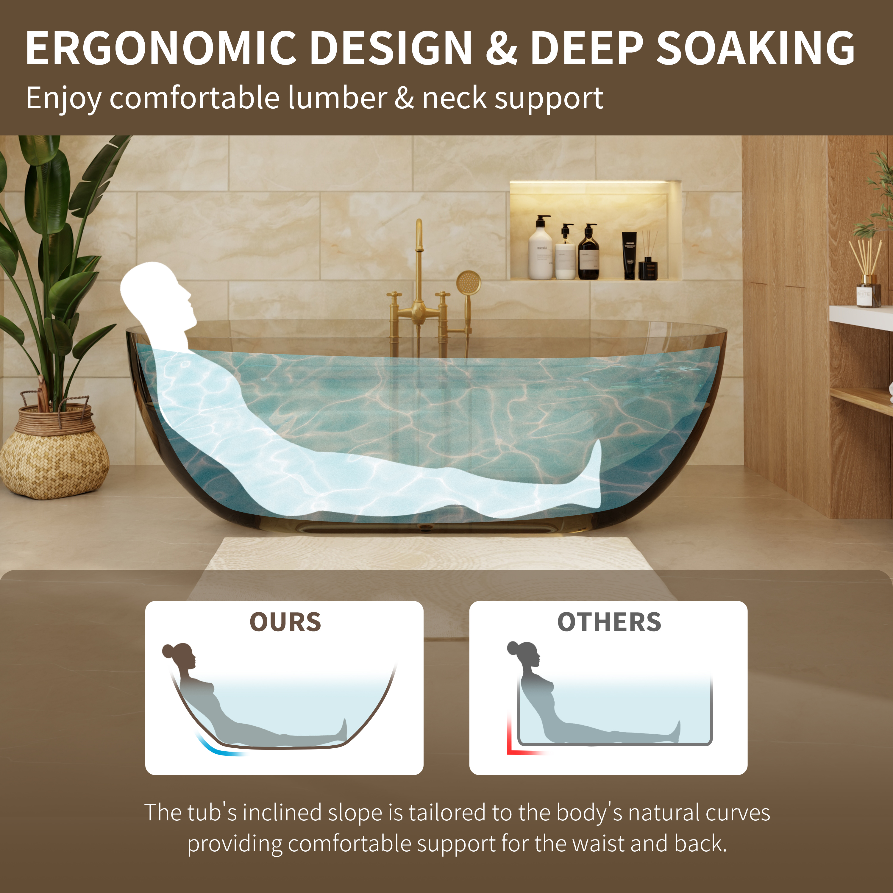 69" Coffee Pure Resin Freestanding Bathtub with Ergonomic Soaking Comfort