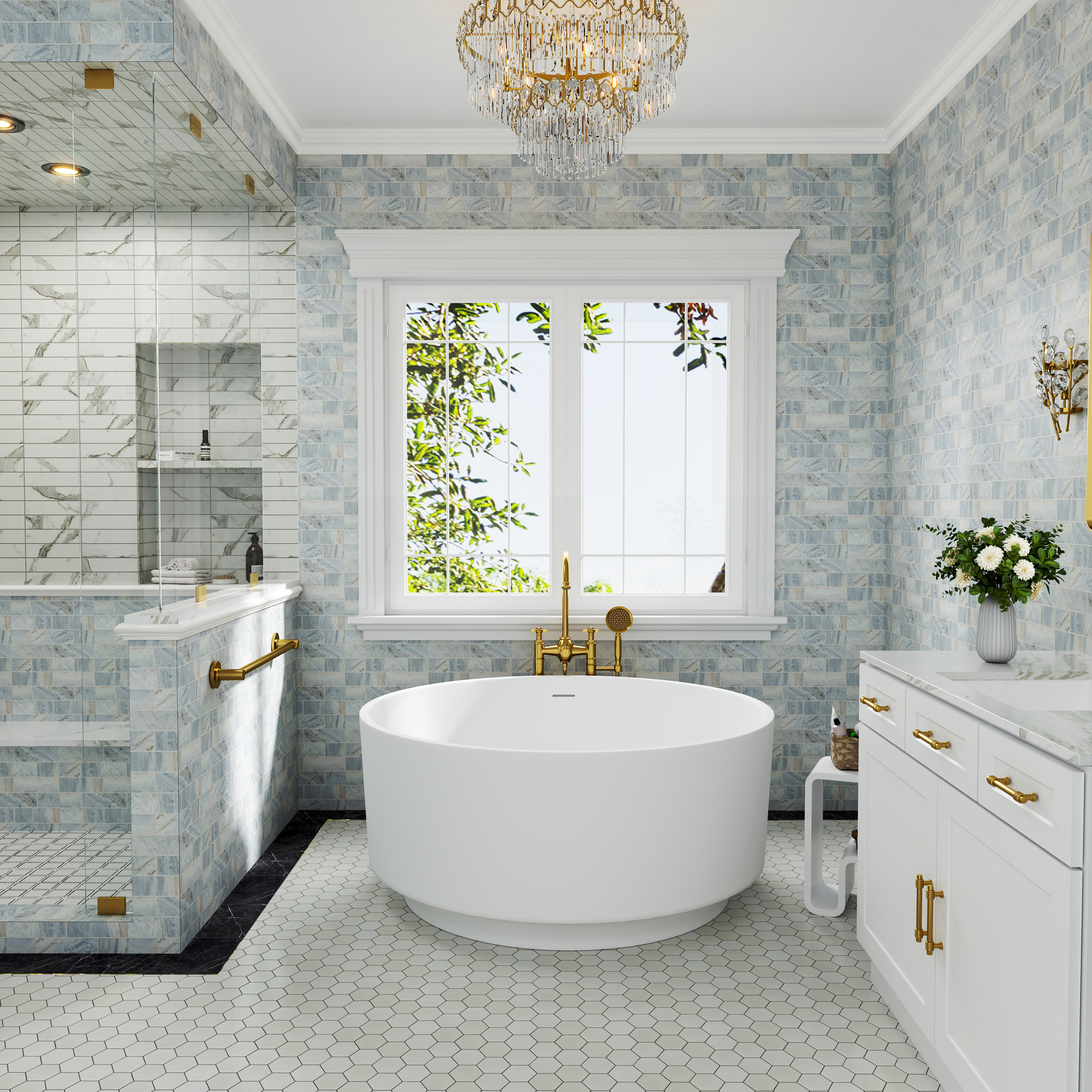 49" Scandinavian Round Solid Surface Freestanding Bathtub, Matte White