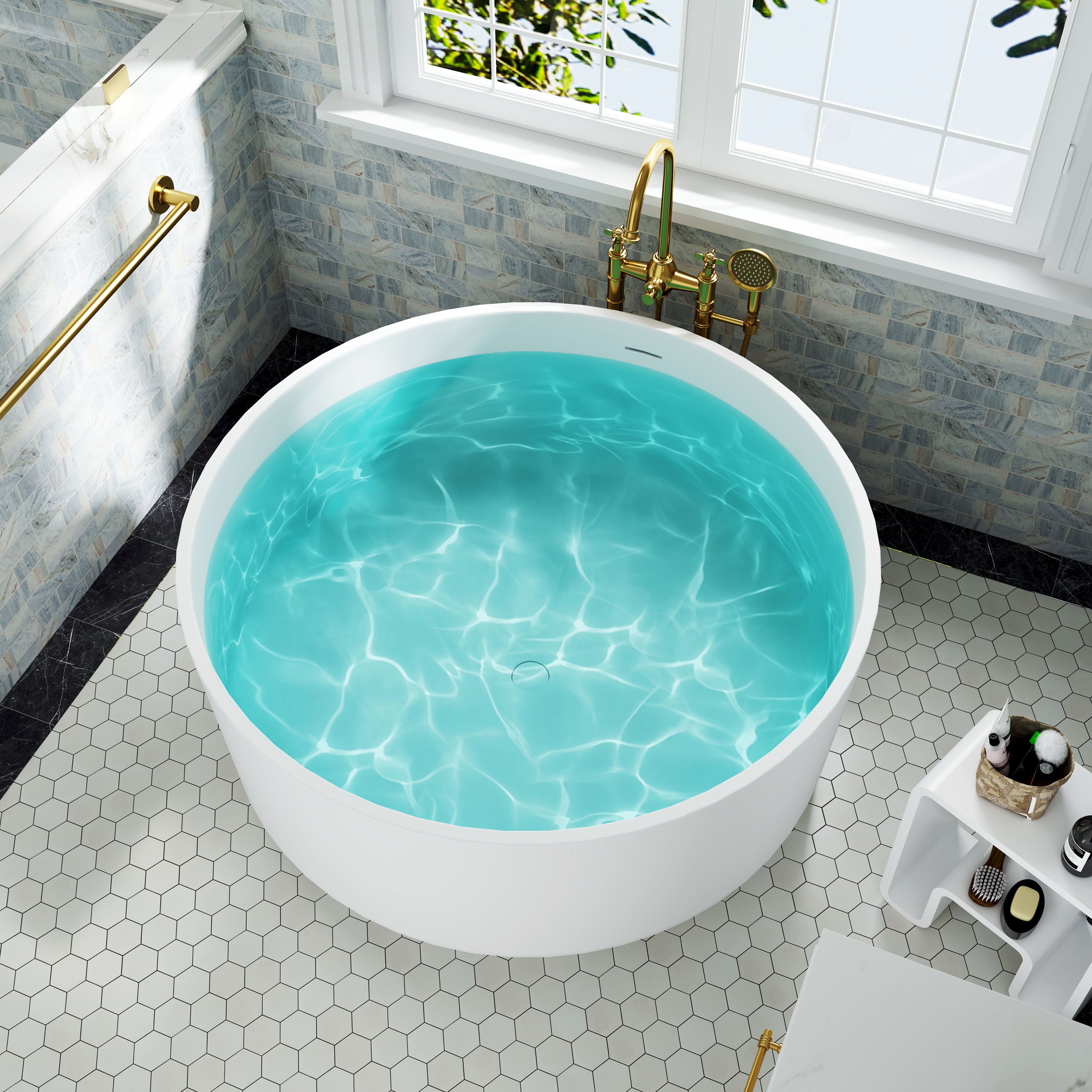 49" Scandinavian Round Solid Surface Freestanding Bathtub, Matte White