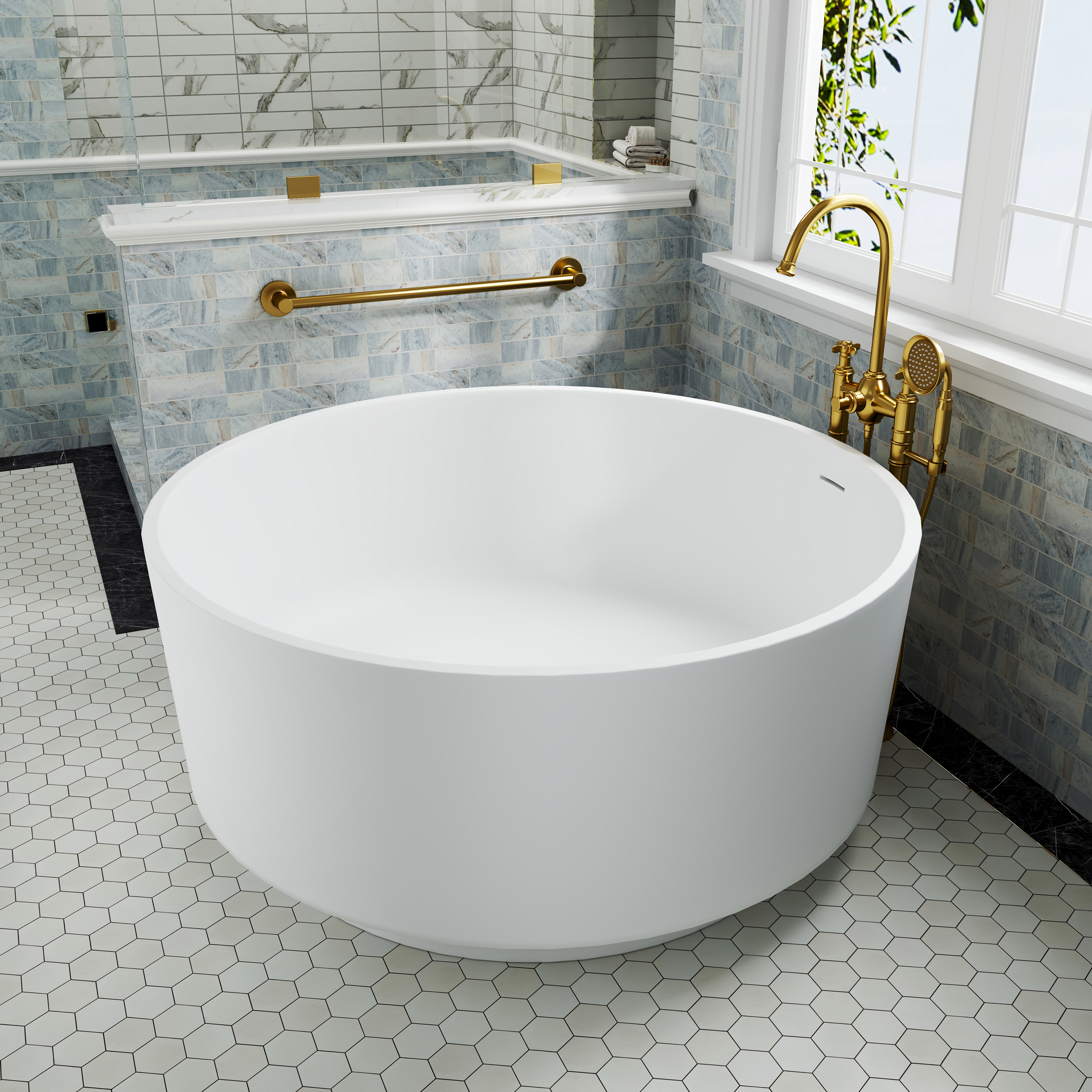 49" Scandinavian Round Solid Surface Freestanding Bathtub, Matte White