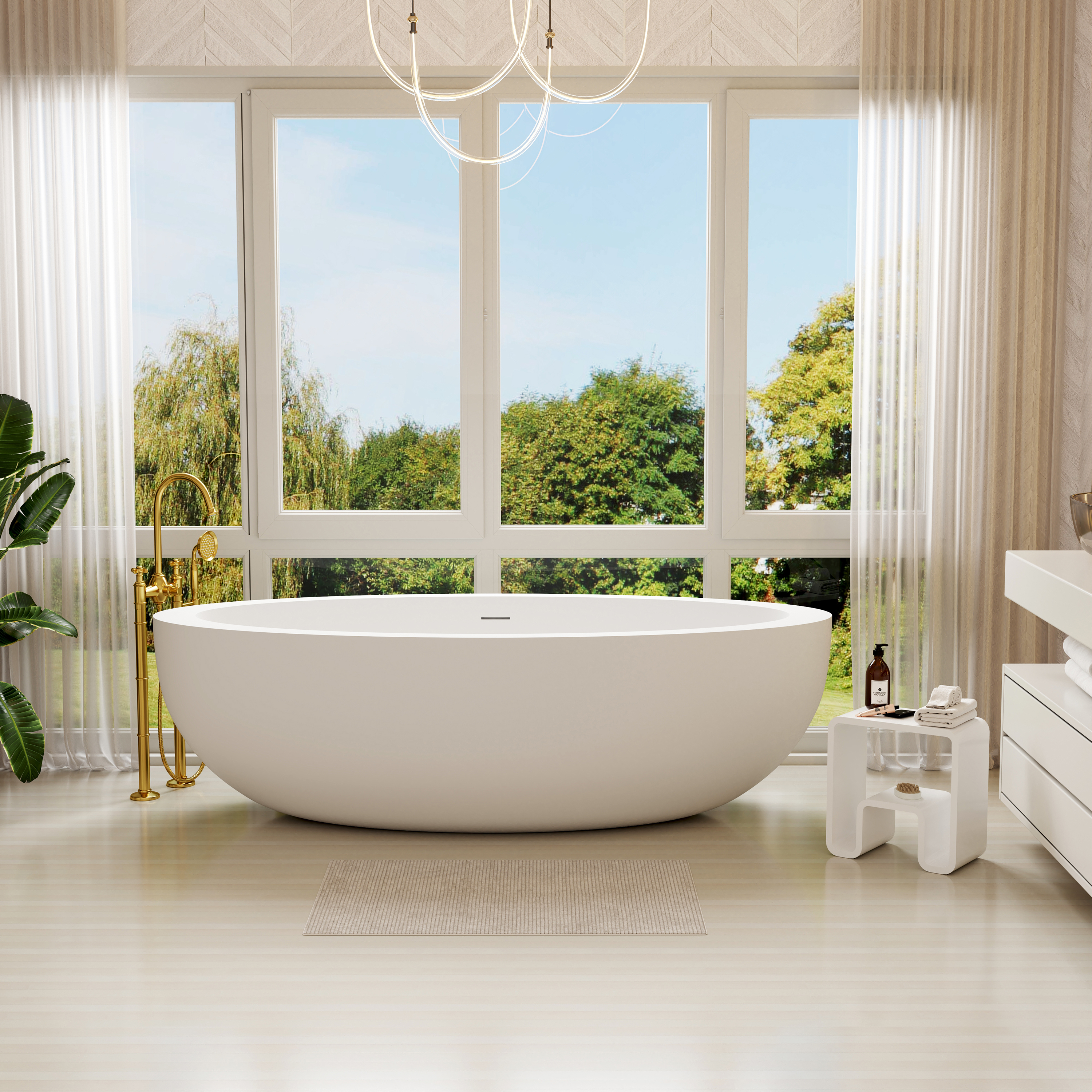 73" Matte White Solid Surface Freestanding Bathtub with Thick Rim Design