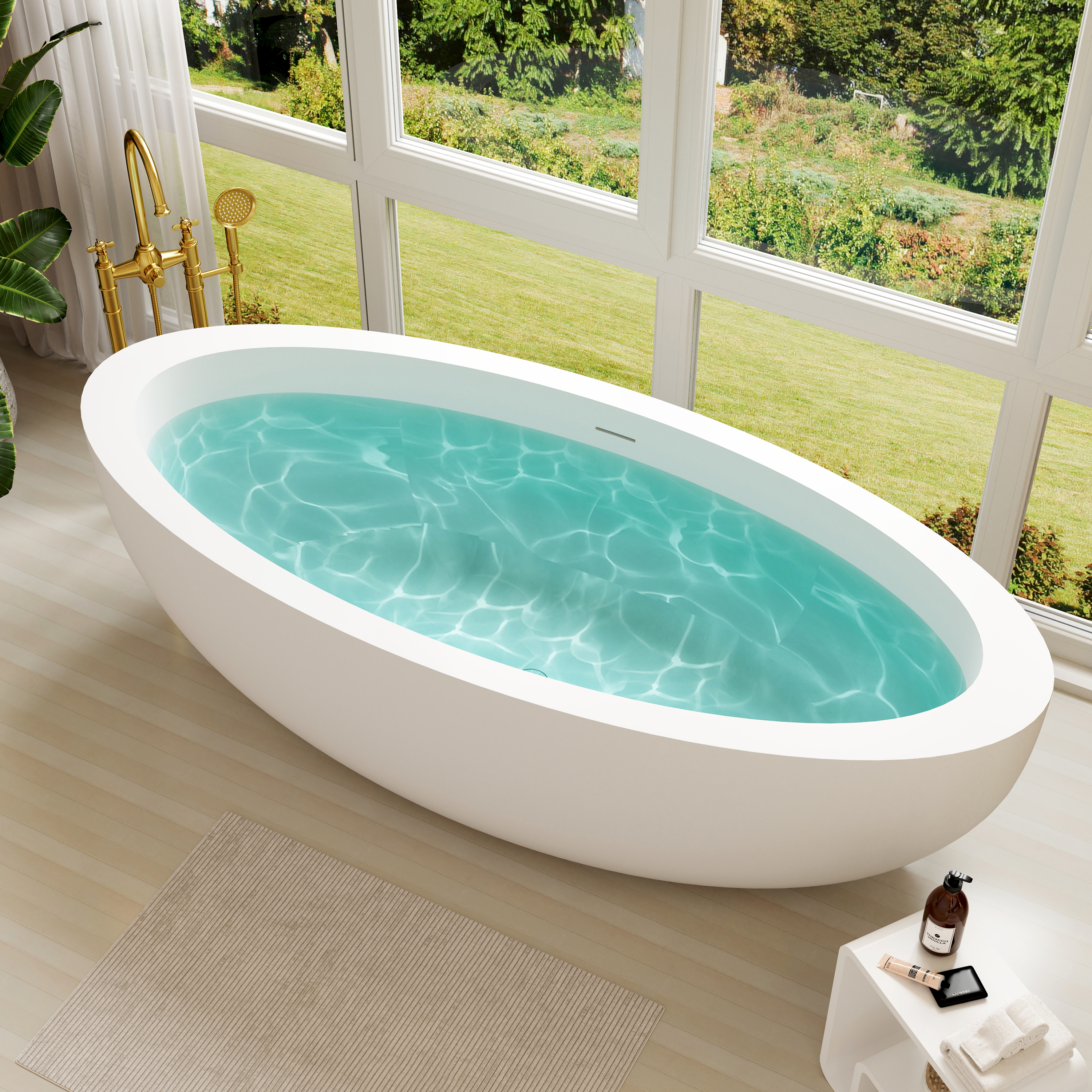 73" Matte White Solid Surface Freestanding Bathtub with Thick Rim Design