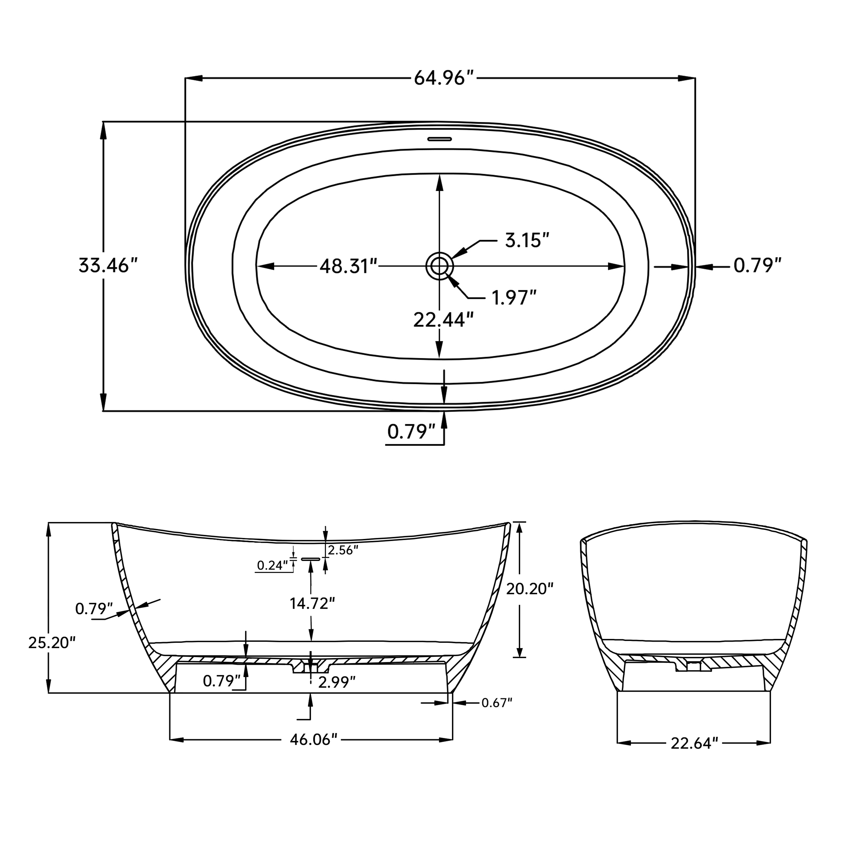 65" Solid Surface Freestanding Double Slipper Soaking Tub with Drain and Overflow