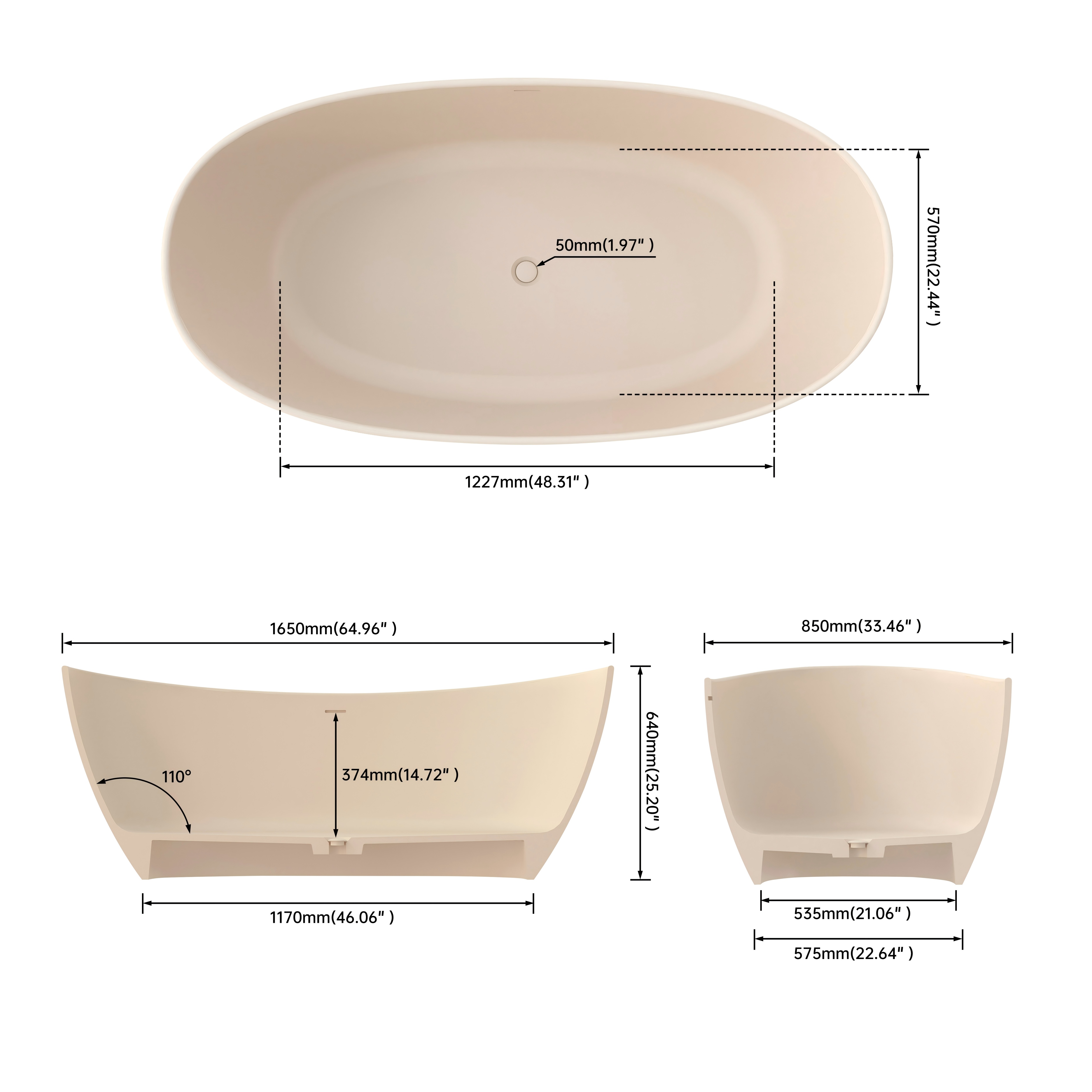 65" Double-Ended Freestanding Solid Surface Bathtub with Modern Cream-Style Soaking