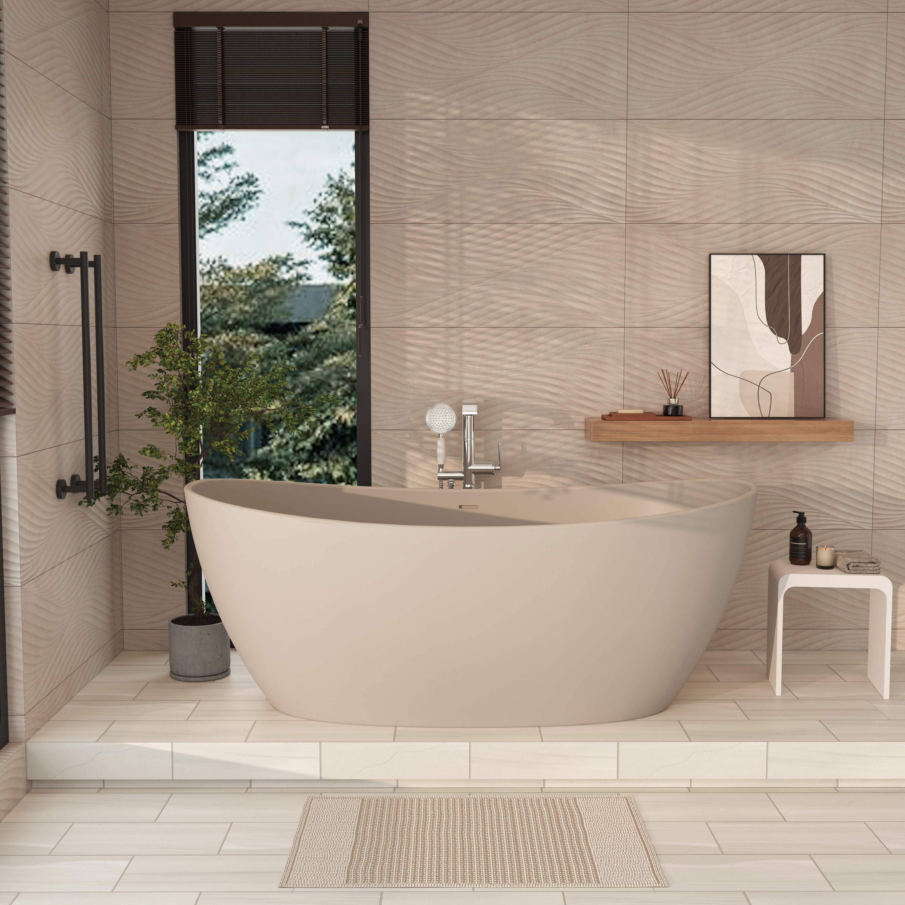 65" Double-Ended Freestanding Solid Surface Bathtub with Modern Cream-Style Soaking