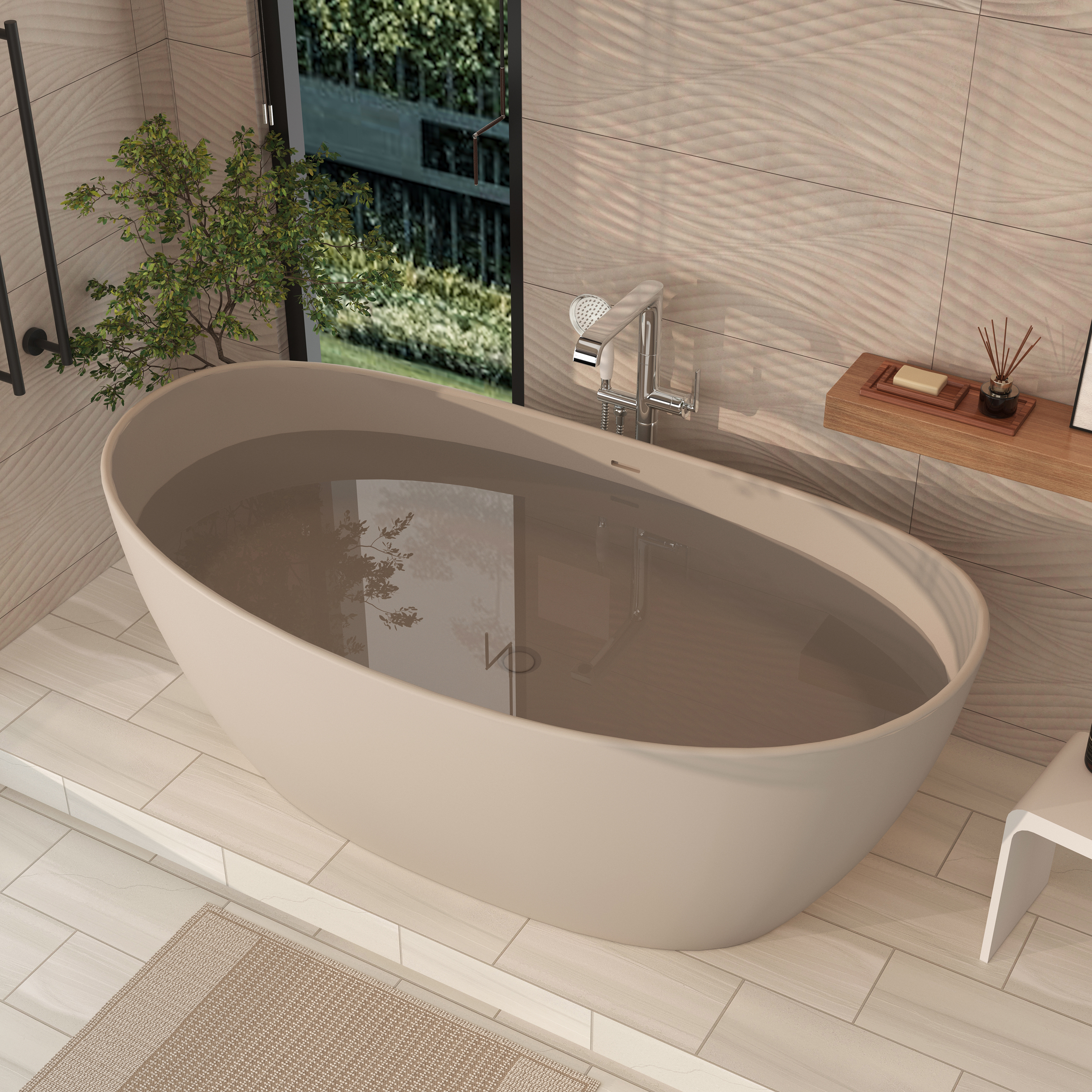 65" Double-Ended Freestanding Solid Surface Bathtub with Modern Cream-Style Soaking