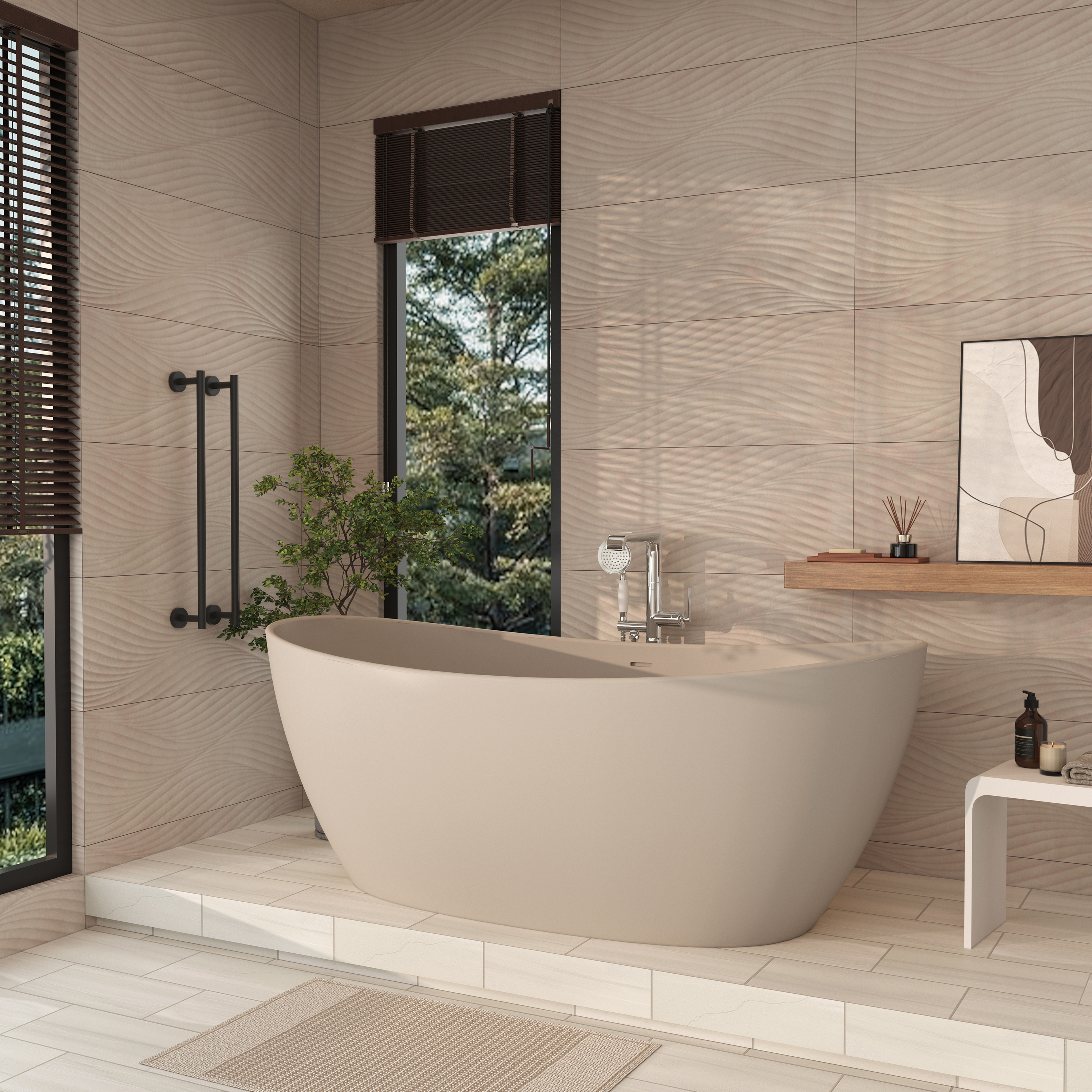 65" Double-Ended Freestanding Solid Surface Bathtub with Modern Cream-Style Soaking