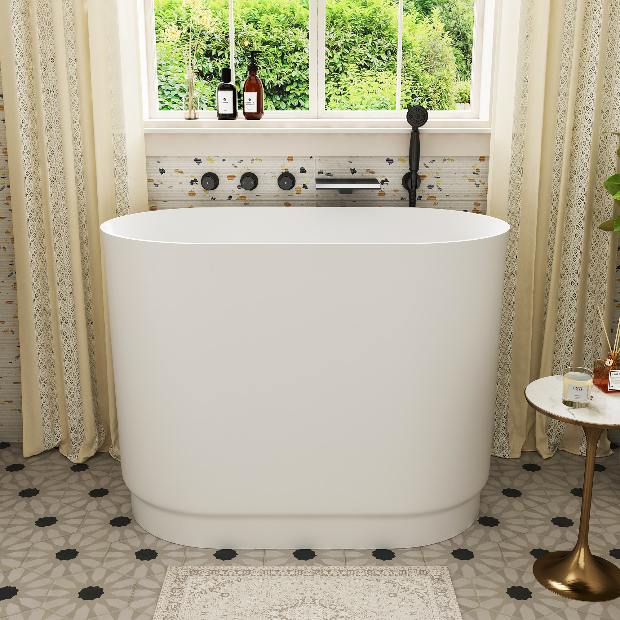 39" Small Freestanding Oval Solid Surface Soaking Bathtub with Built-In Seat - Tangent