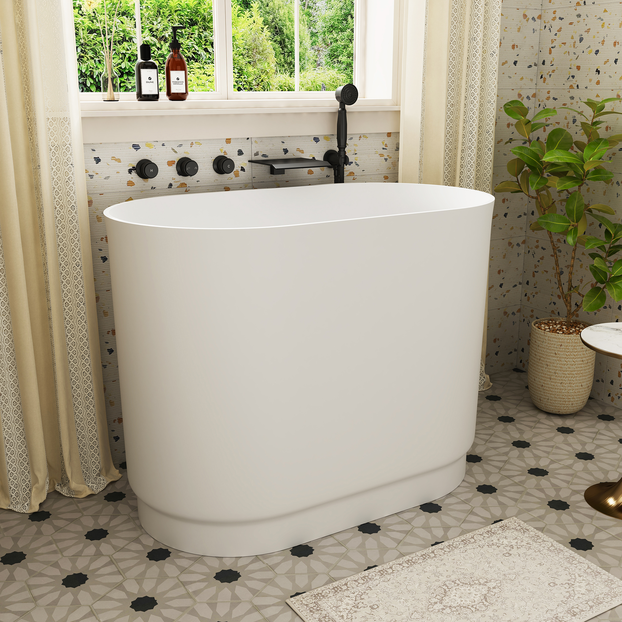 39" Small Freestanding Oval Solid Surface Soaking Bathtub with Built-In Seat - Tangent