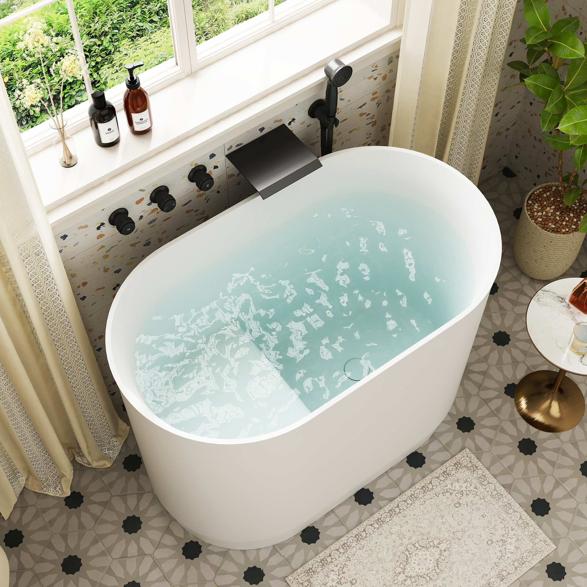 39" Small Freestanding Oval Solid Surface Soaking Bathtub with Built-In Seat - Tangent