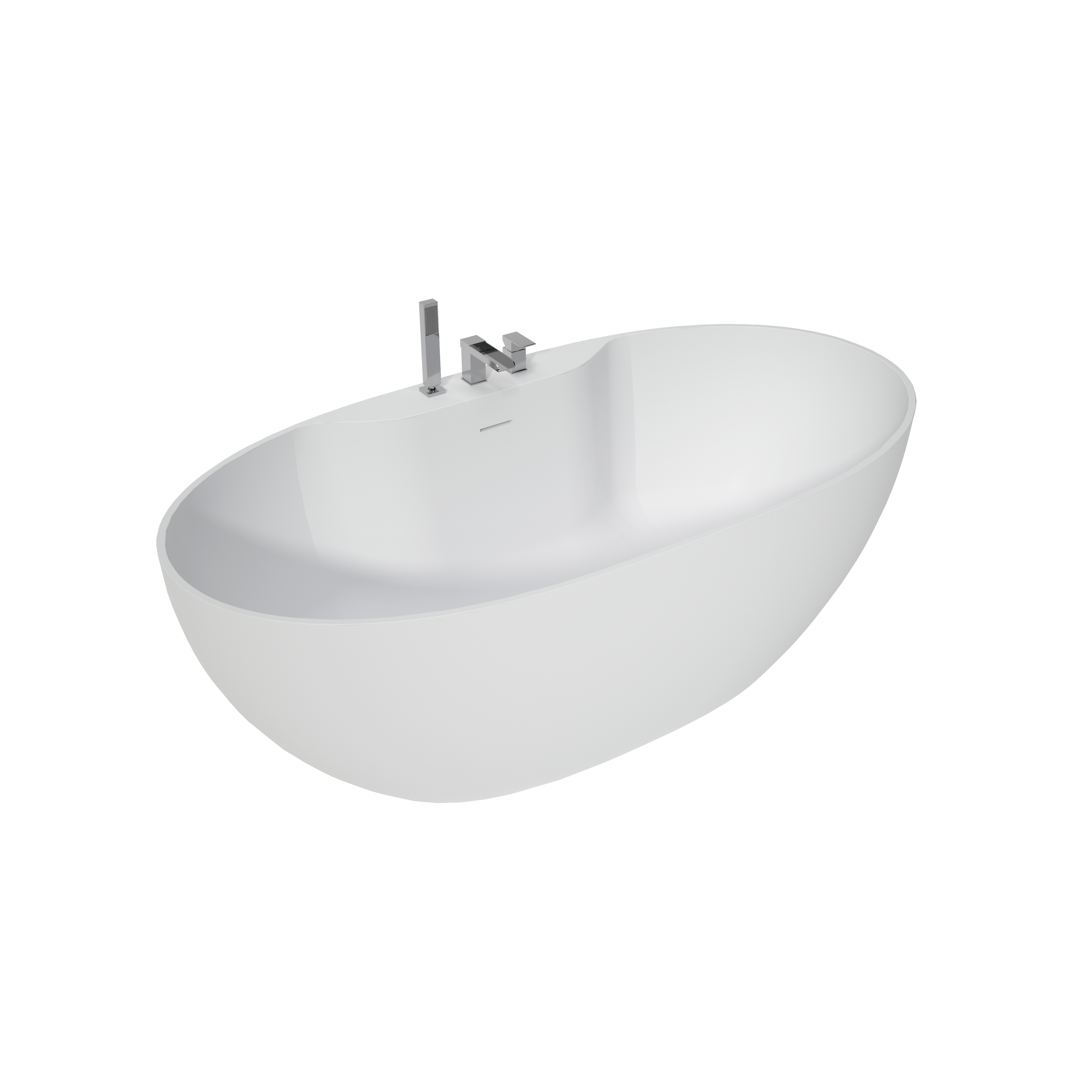 63" Matte White Solid Surface Freestanding Soaking Bathtub with Deck-Mount Faucet Set