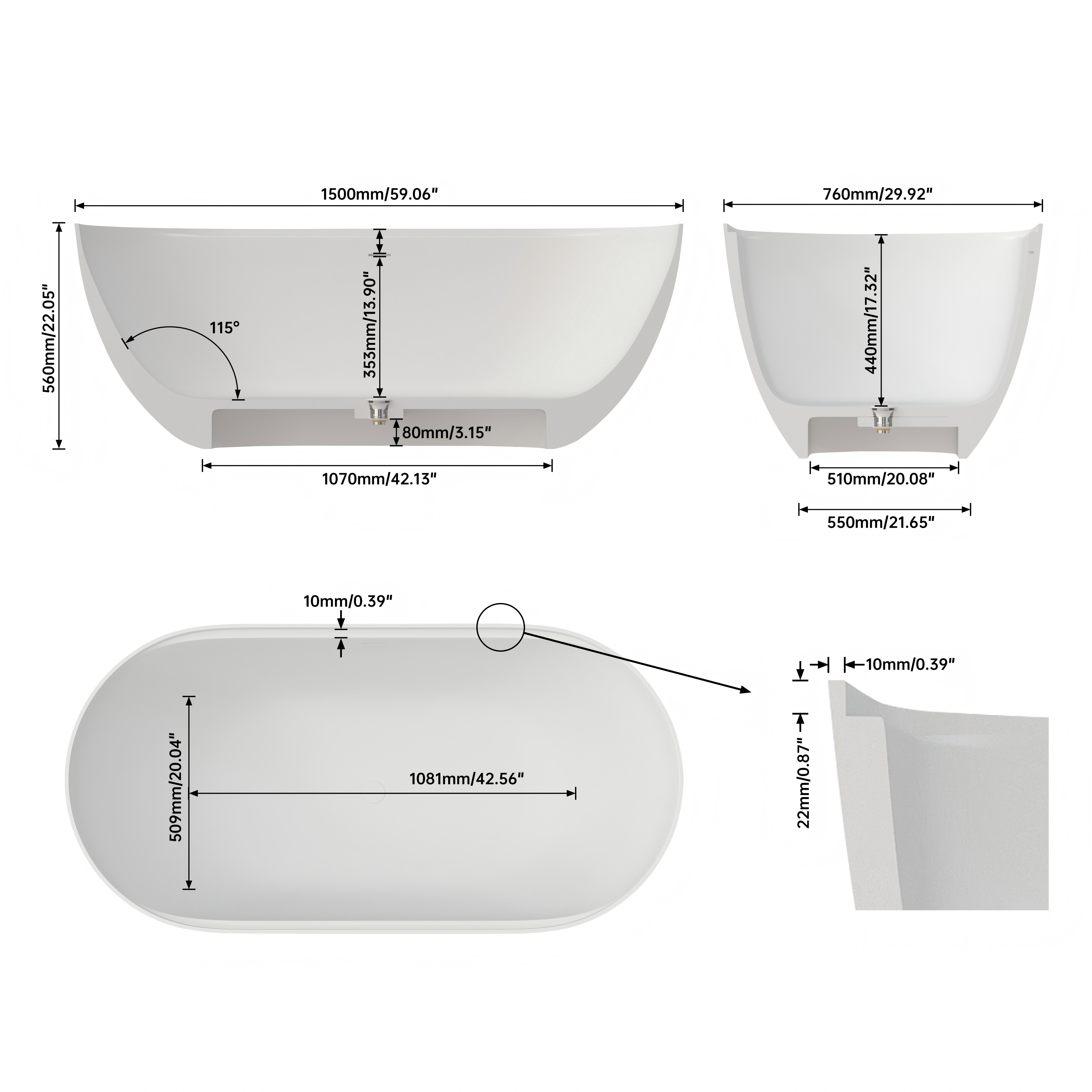 59" Matte White Solid Surface Freestanding Soaking Tub with Bath Caddy