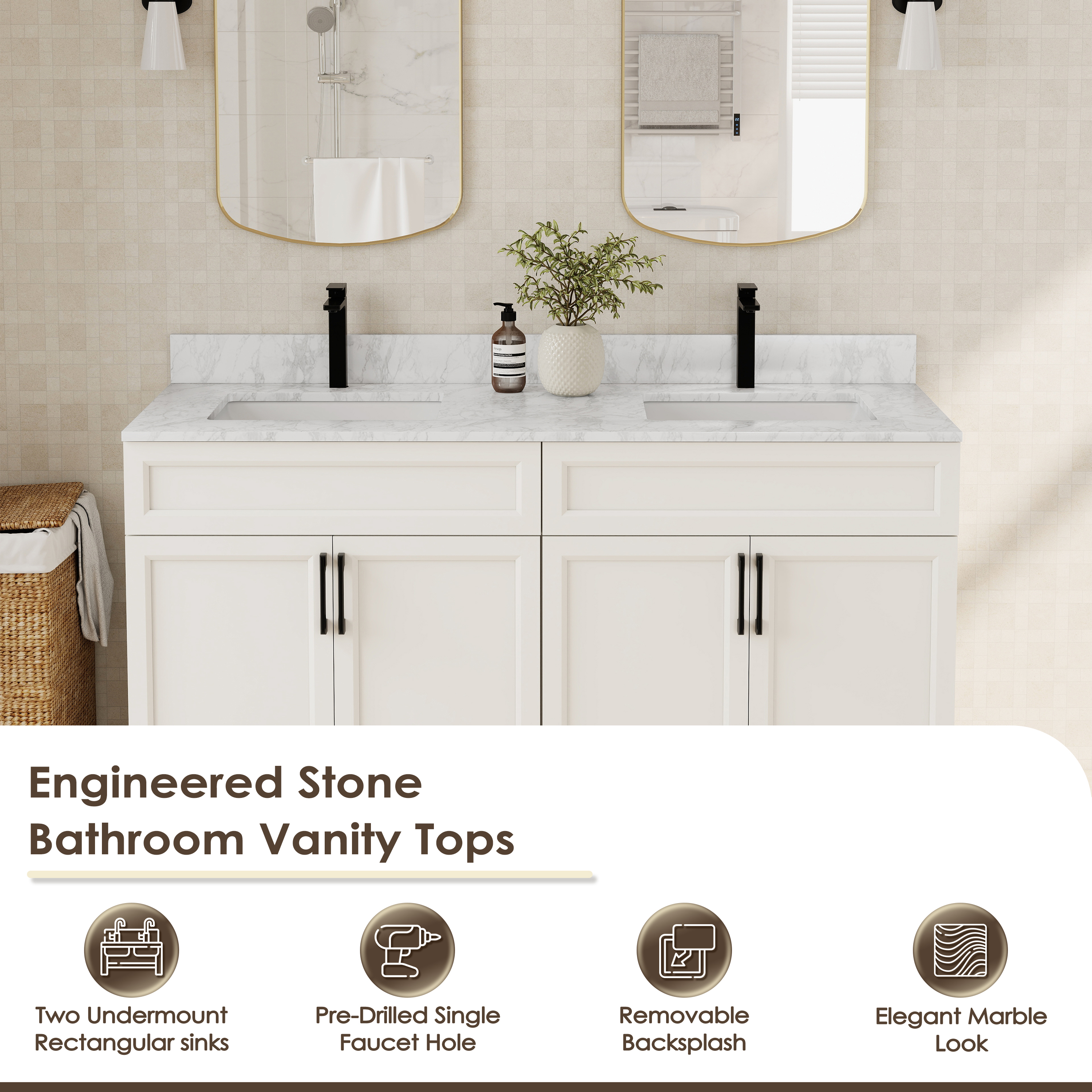 60" Bathroom Vanity Top with Double Sinks and Backsplash