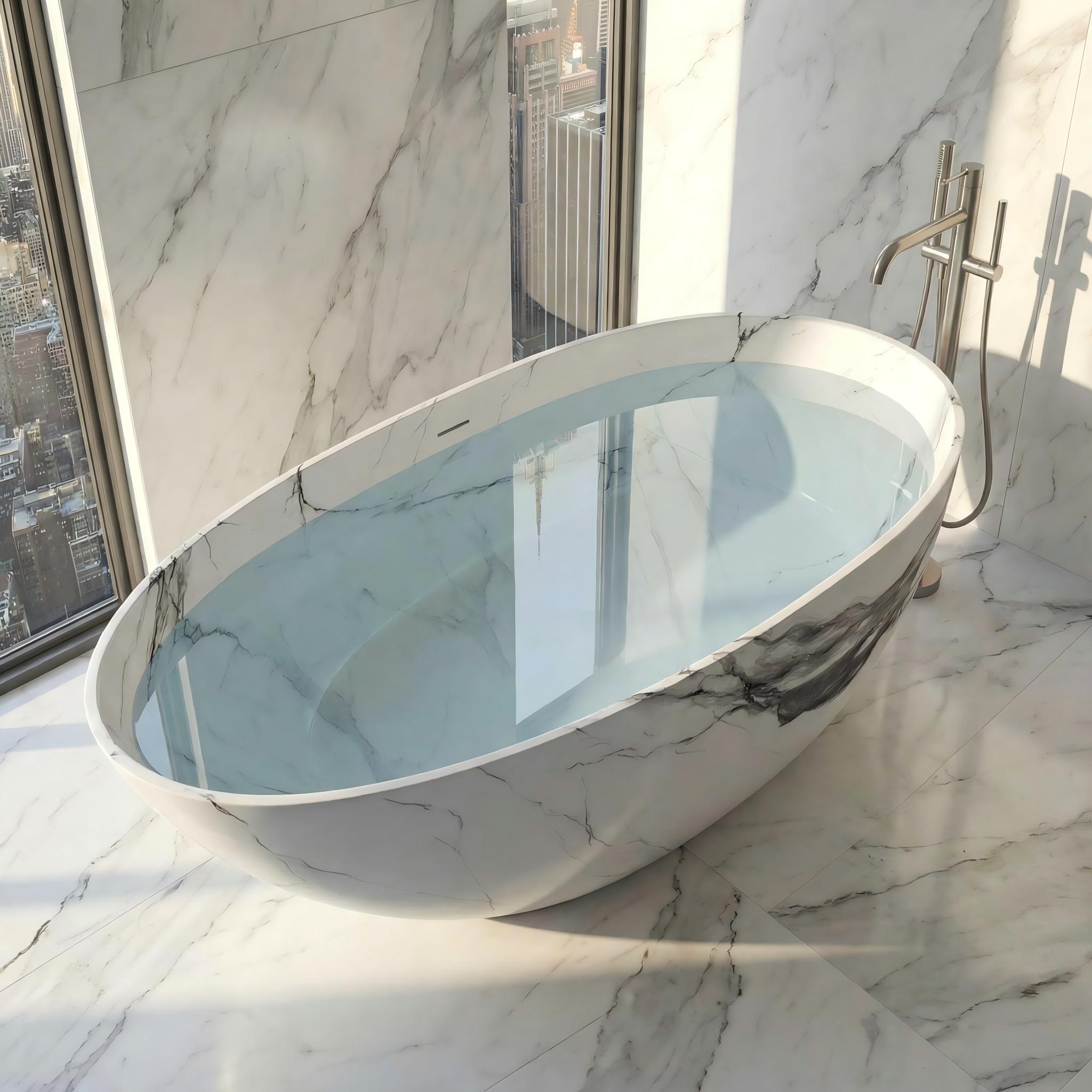 59" Egg-Shaped Solid Surface Freestanding Bathtub with Spa-Like Comfort