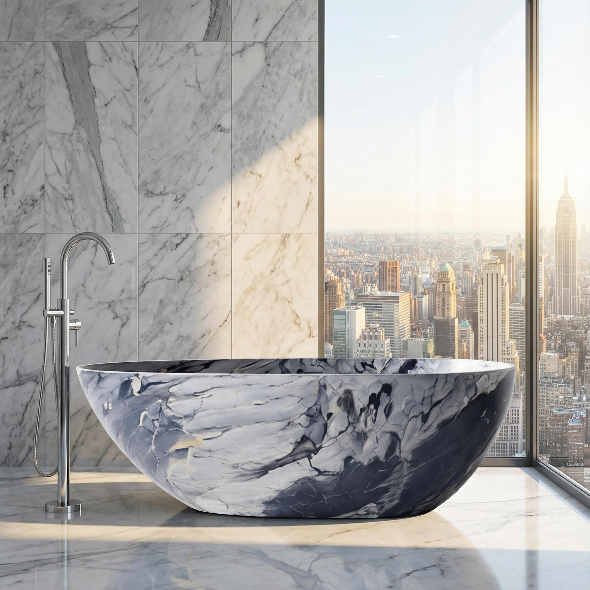 59" Egg-Shaped Solid Surface Freestanding Bathtub with Spa-Like Comfort