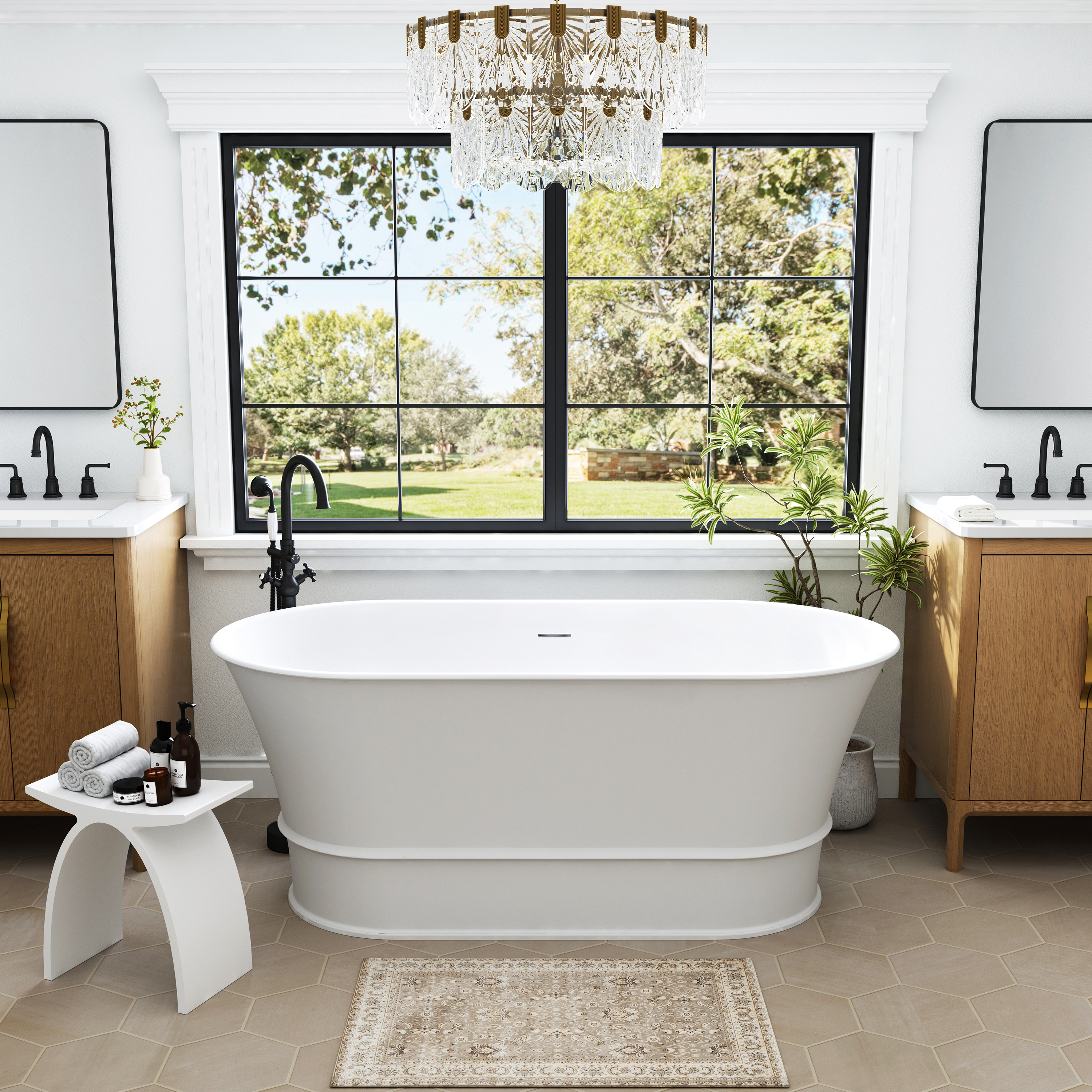 59" Matte White Solid Surface Freestanding Bathtub Oval Classic Soaking Tub