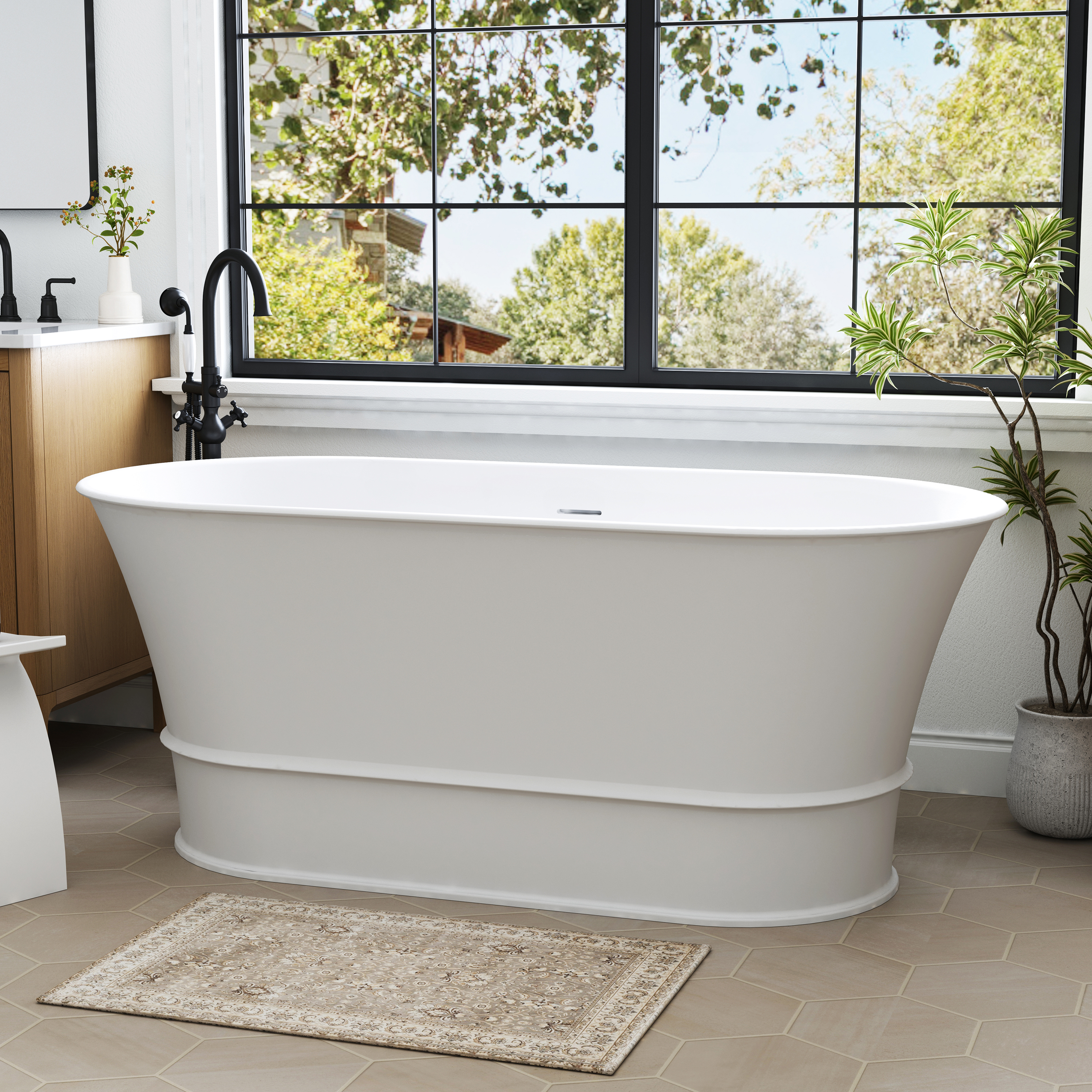 59" Matte White Solid Surface Freestanding Bathtub Oval Classic Soaking Tub