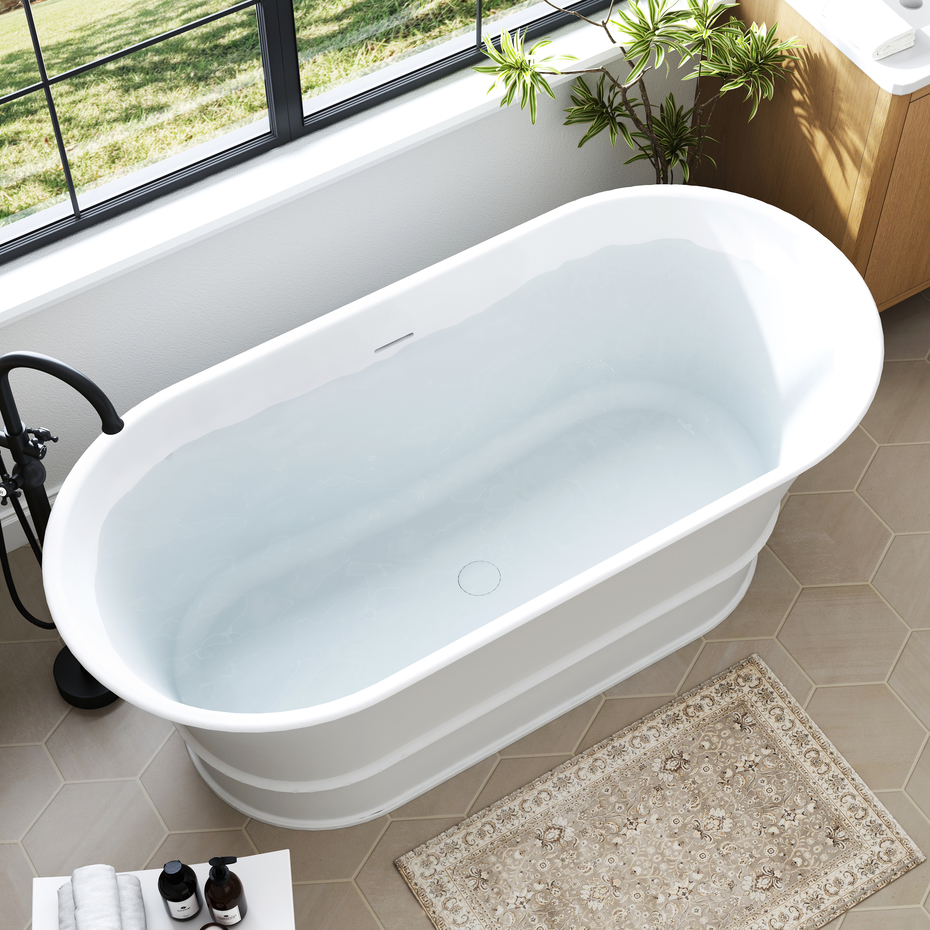 59" Matte White Solid Surface Freestanding Bathtub Oval Classic Soaking Tub