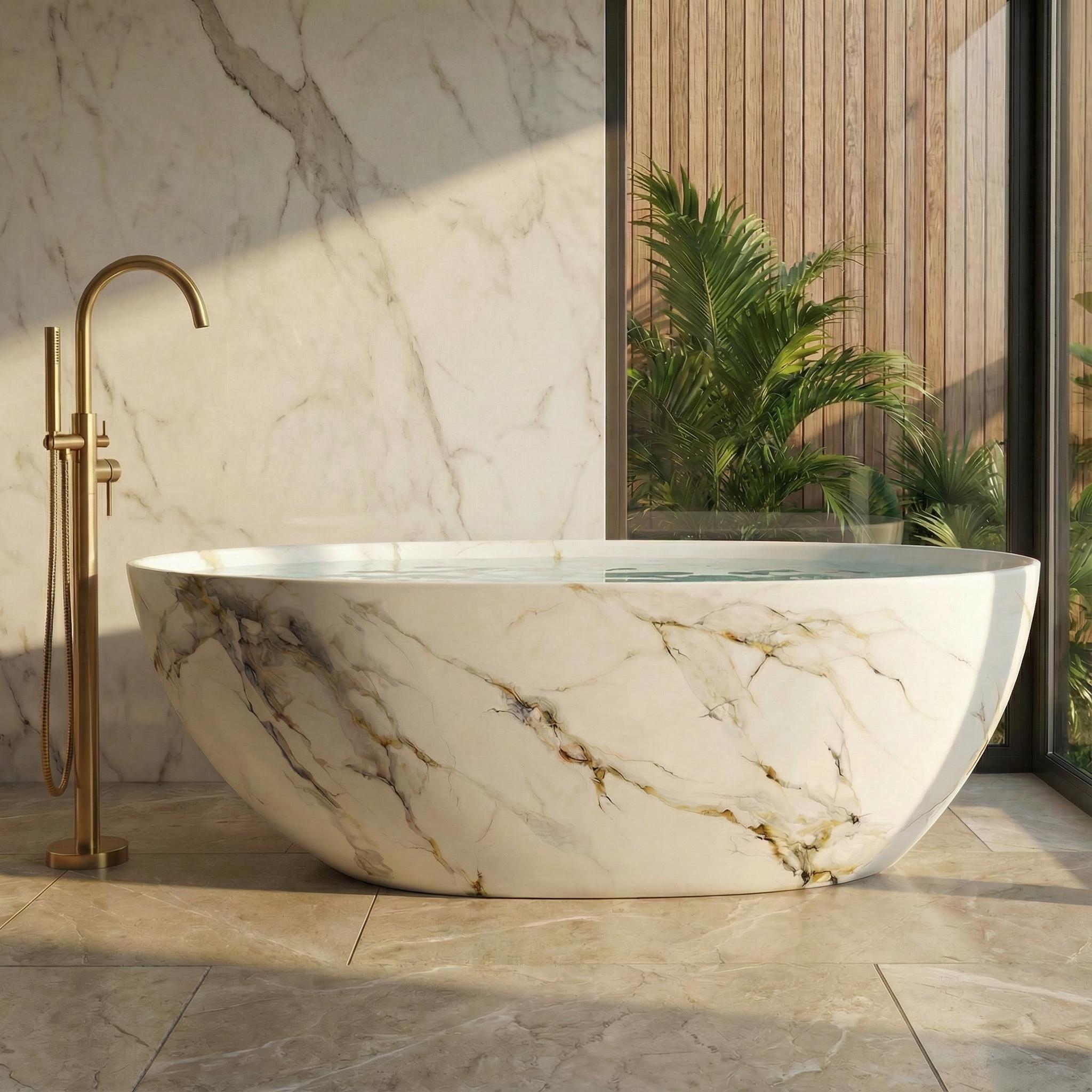 67" Luxury Freestanding Egg-Shaped Solid Surface Soaking Tub with Crescent Deck