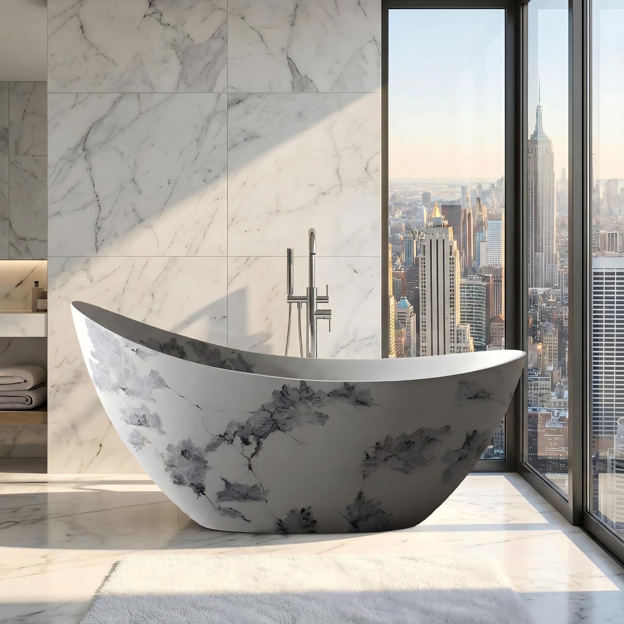 74" Sculptural Freestanding Solid Surface Bathtub with Artistic Ink-Wash Finish