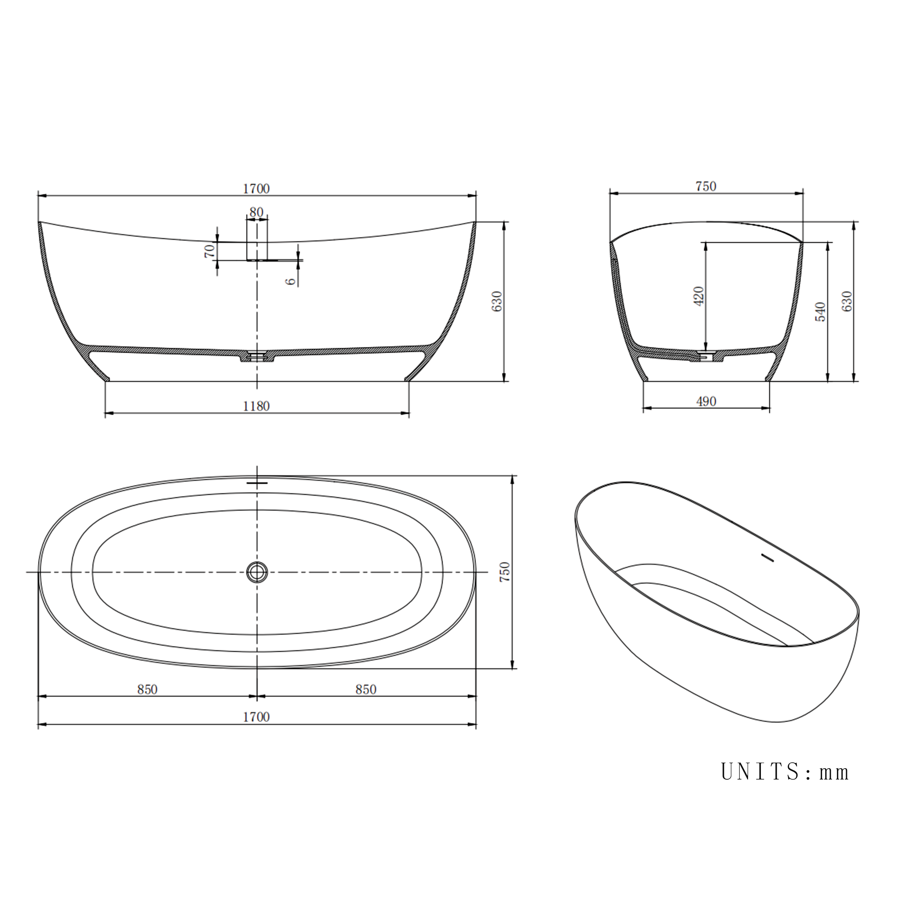 67" Crescent Solid Surface Freestanding Bathtub with Wood Grain Exterior & Ergonomic Backrest