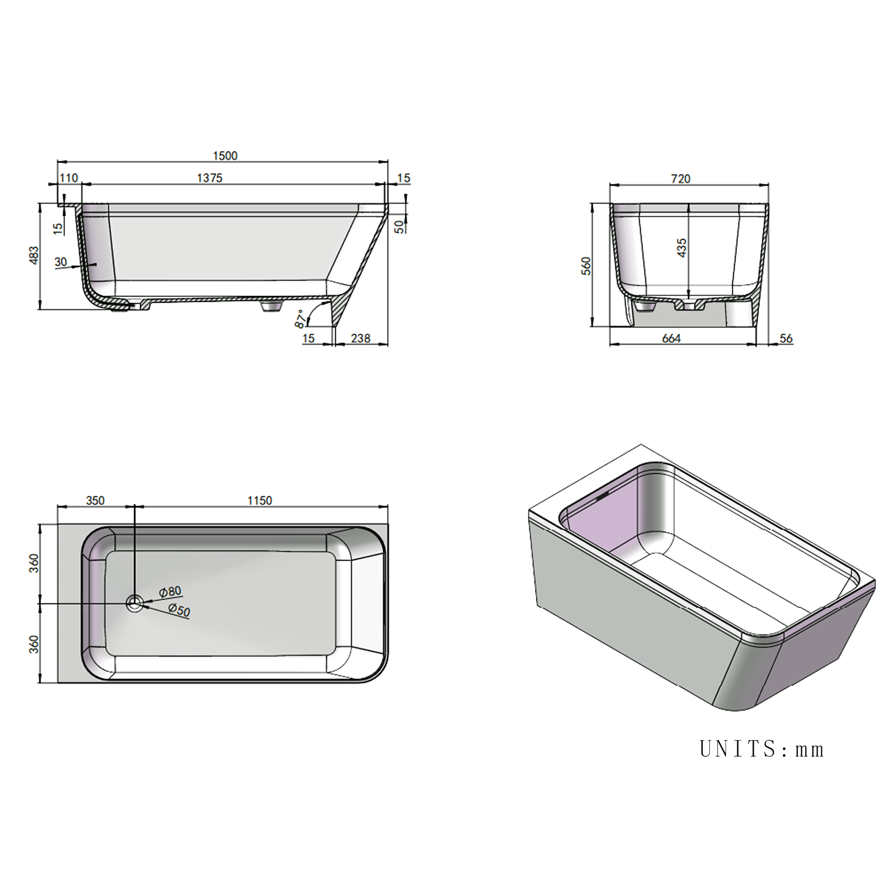 59" Alcove Solid Surface Soaking Bathtub with Left Overflow and Drain