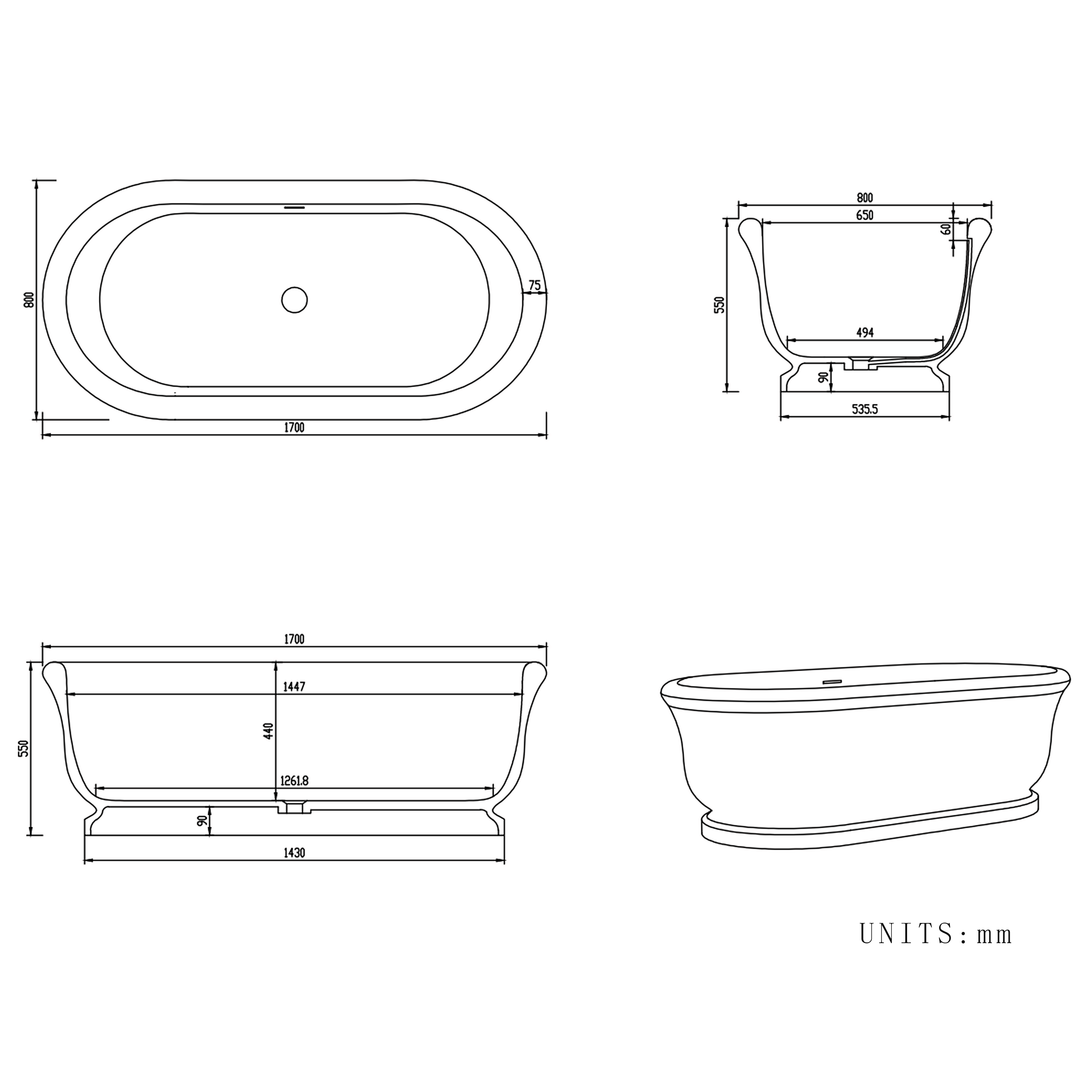 67" Rolled-Edge Solid Surface Freestanding Bathtub with Pedestal Base