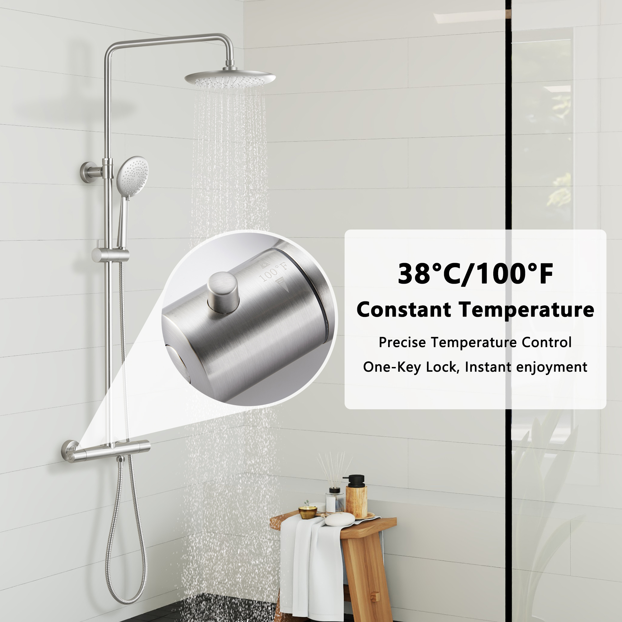 9.5" Thermostatic Rain Shower Faucet with Slide Bar and Hand Shower