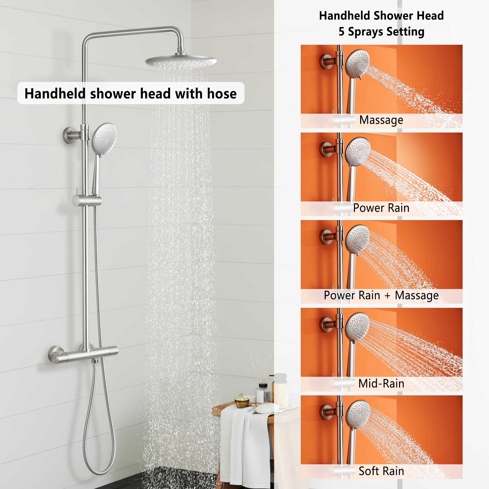 9.5" Thermostatic Rain Shower Faucet with Slide Bar and Hand Shower