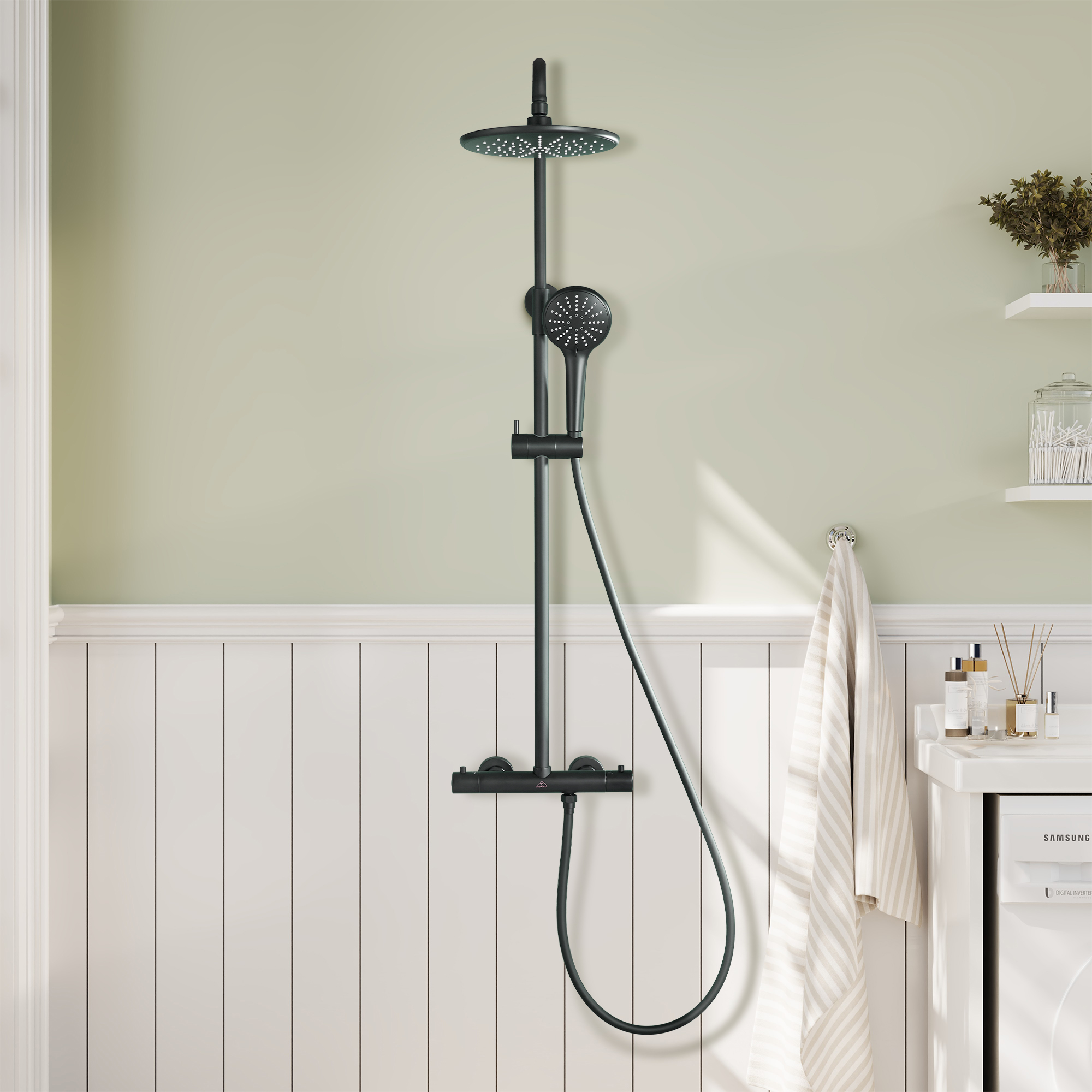9.5" Thermostatic Rain Shower Faucet with Slide Bar and Hand Shower