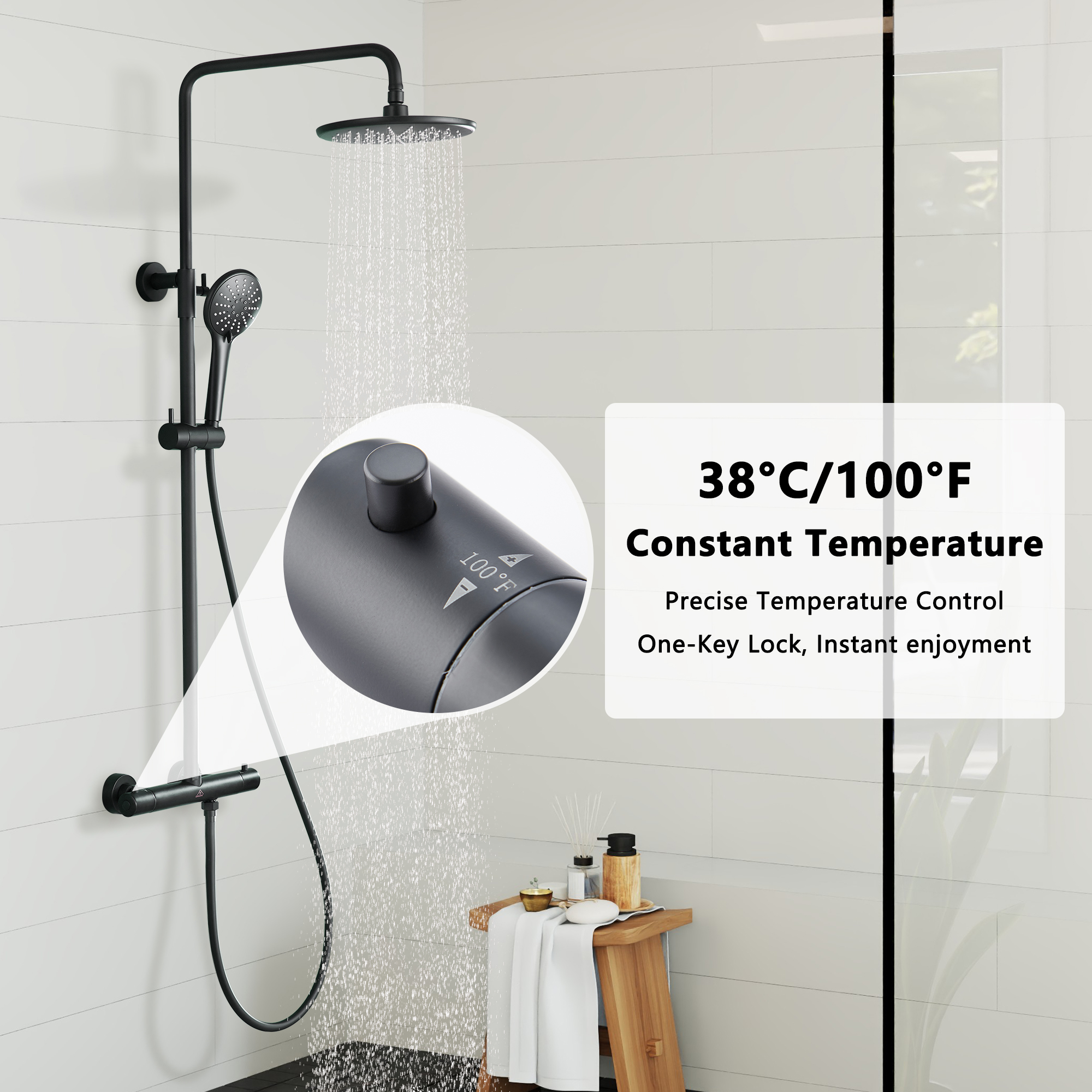 9.5" Thermostatic Rain Shower Faucet with Slide Bar and Hand Shower