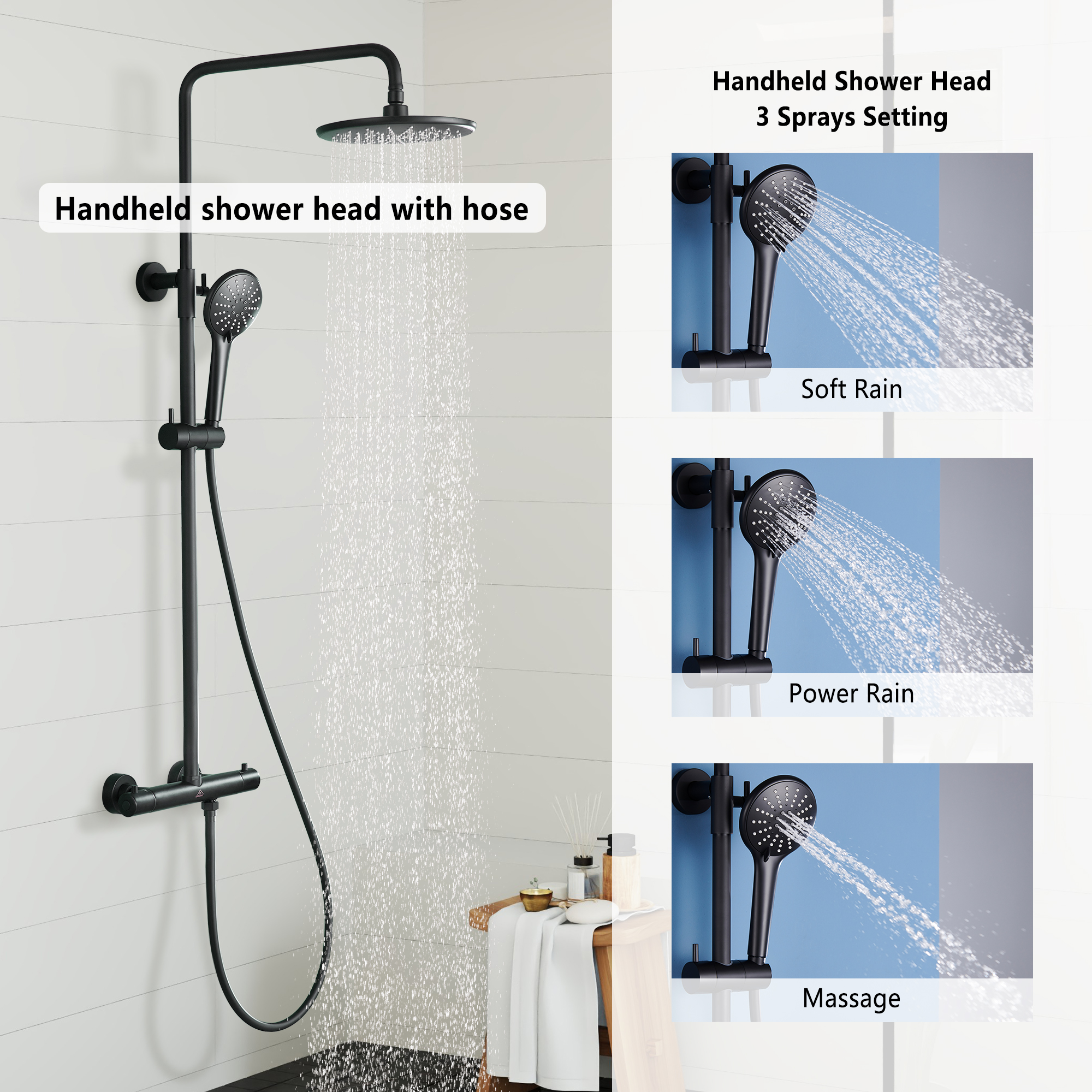9.5" Thermostatic Rain Shower Faucet with Slide Bar and Hand Shower