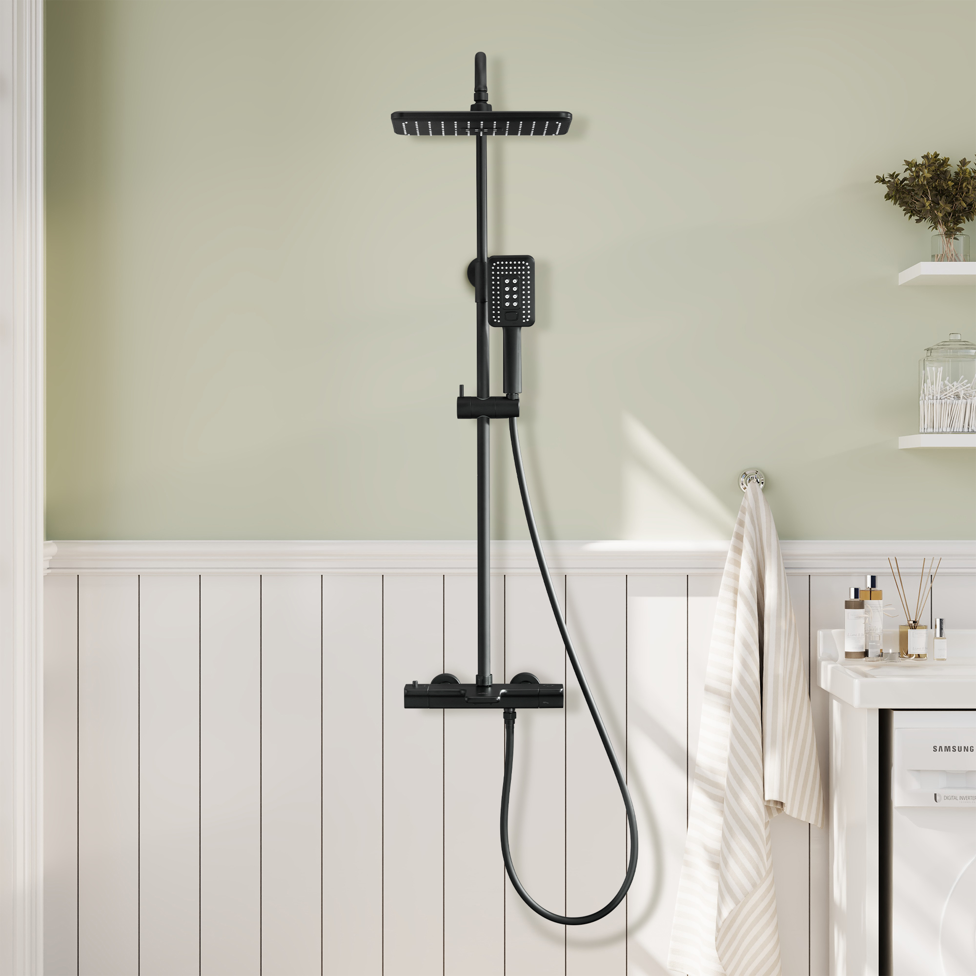 11.4*7.5" Thermostatic Rain Shower System with Tub Spout in Matte Black