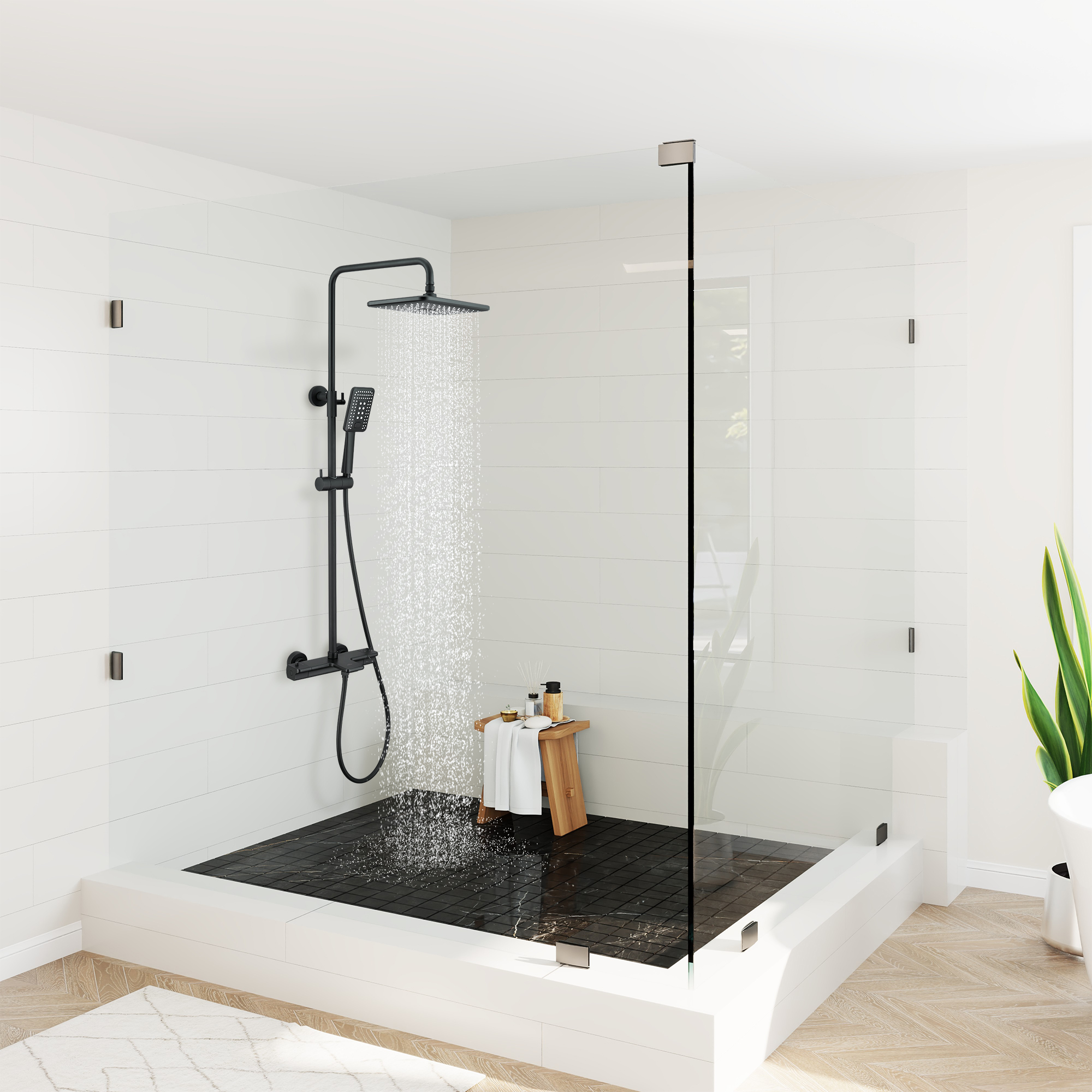 11.4*7.5" Thermostatic Rain Shower System with Tub Spout in Matte Black