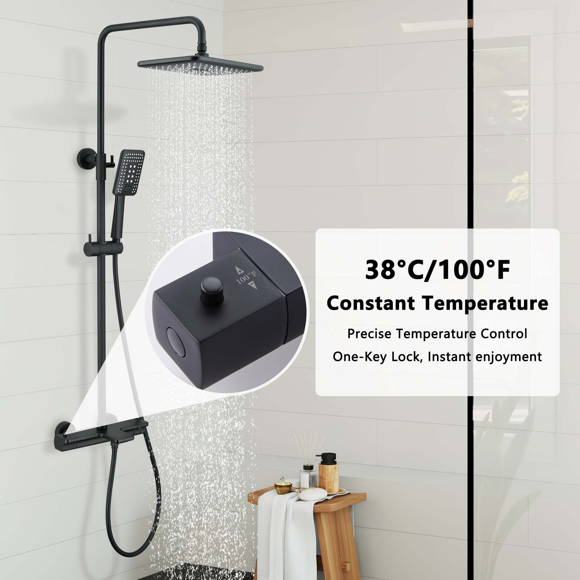 11.4*7.5" Thermostatic Rain Shower System with Tub Spout in Matte Black