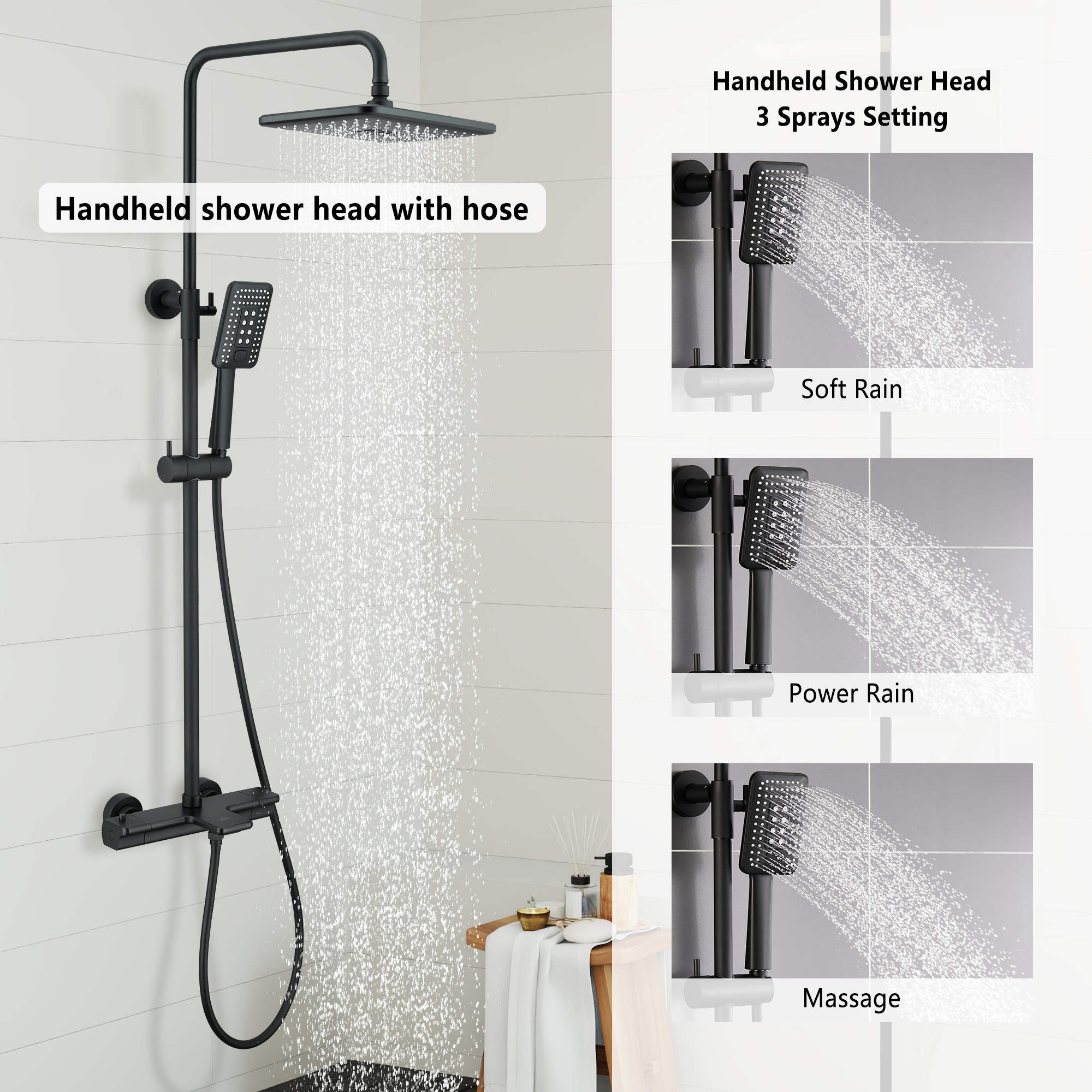 11.4*7.5" Thermostatic Rain Shower System with Tub Spout in Matte Black