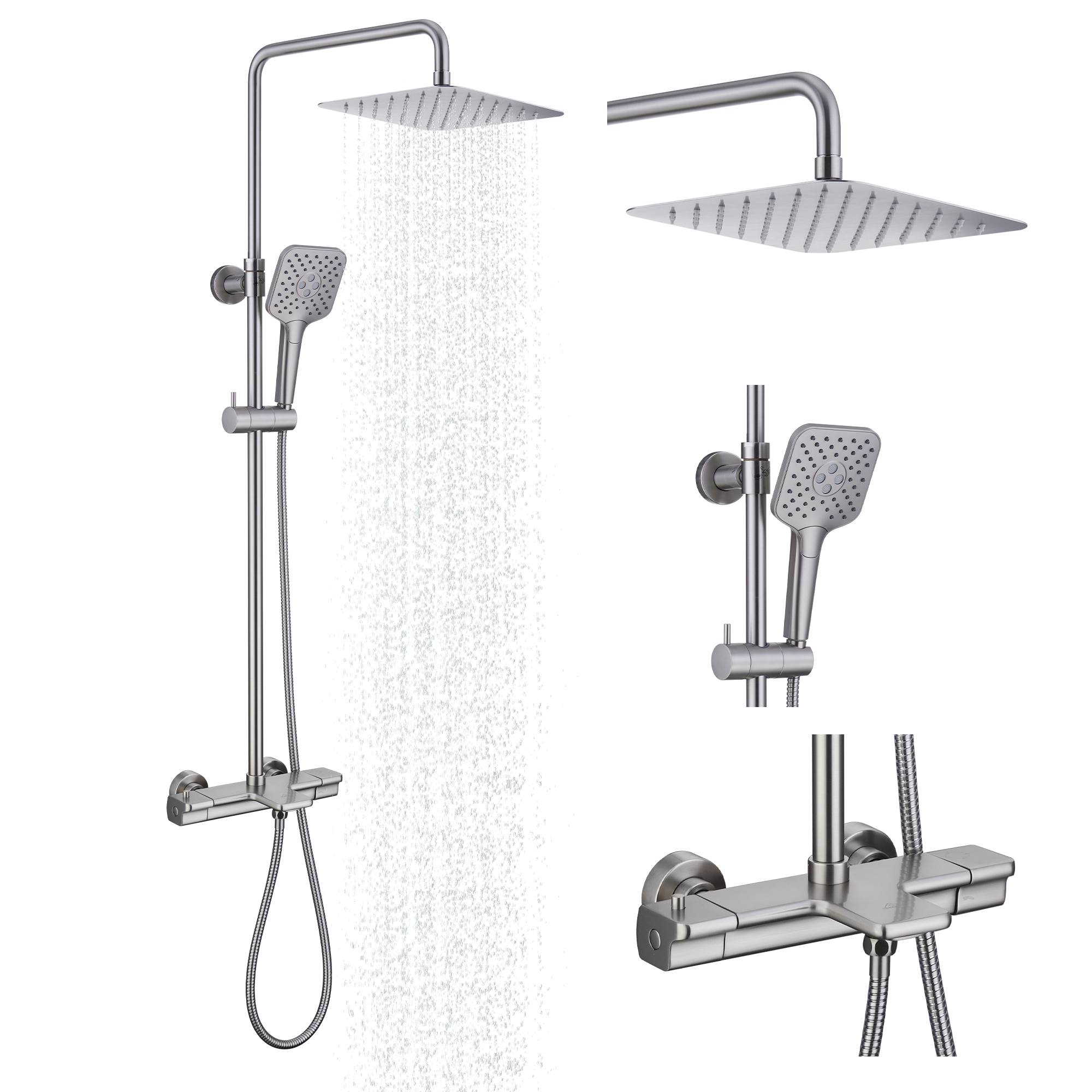 9.8" Thermostatic Rain Shower Faucet with Tub Spout in Brushed Nickel
