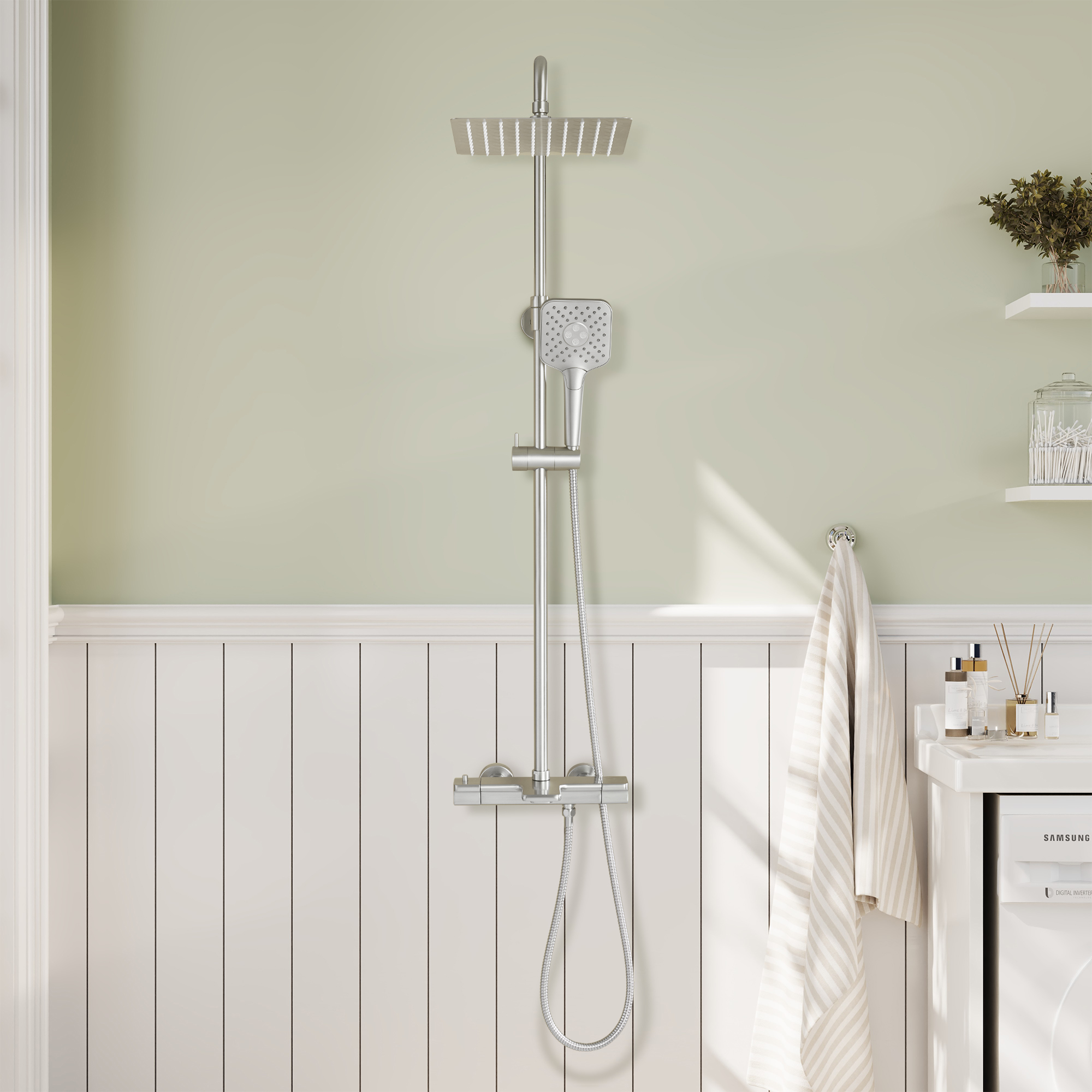 9.8" Thermostatic Rain Shower Faucet with Tub Spout in Brushed Nickel