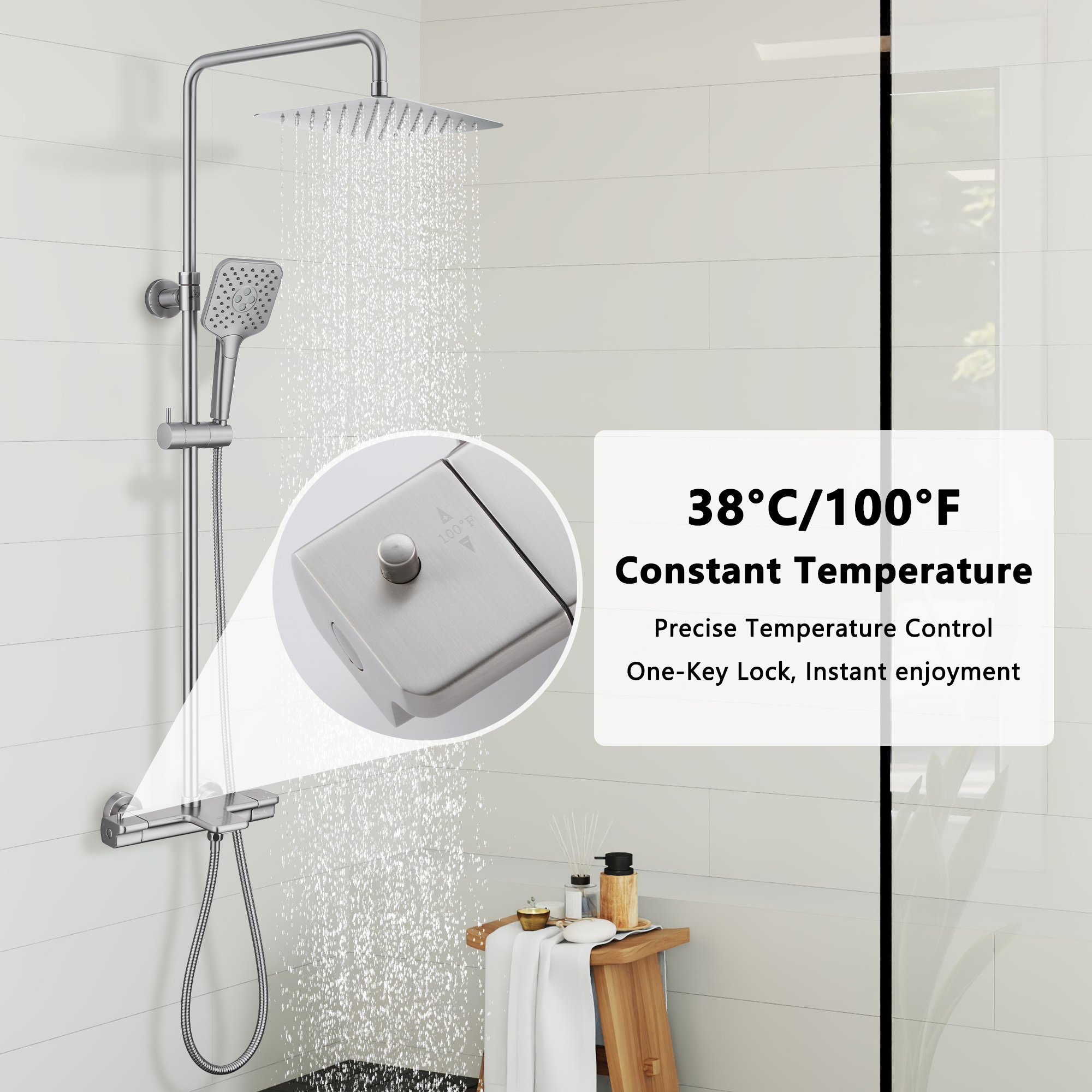 9.8" Thermostatic Rain Shower Faucet with Tub Spout in Brushed Nickel