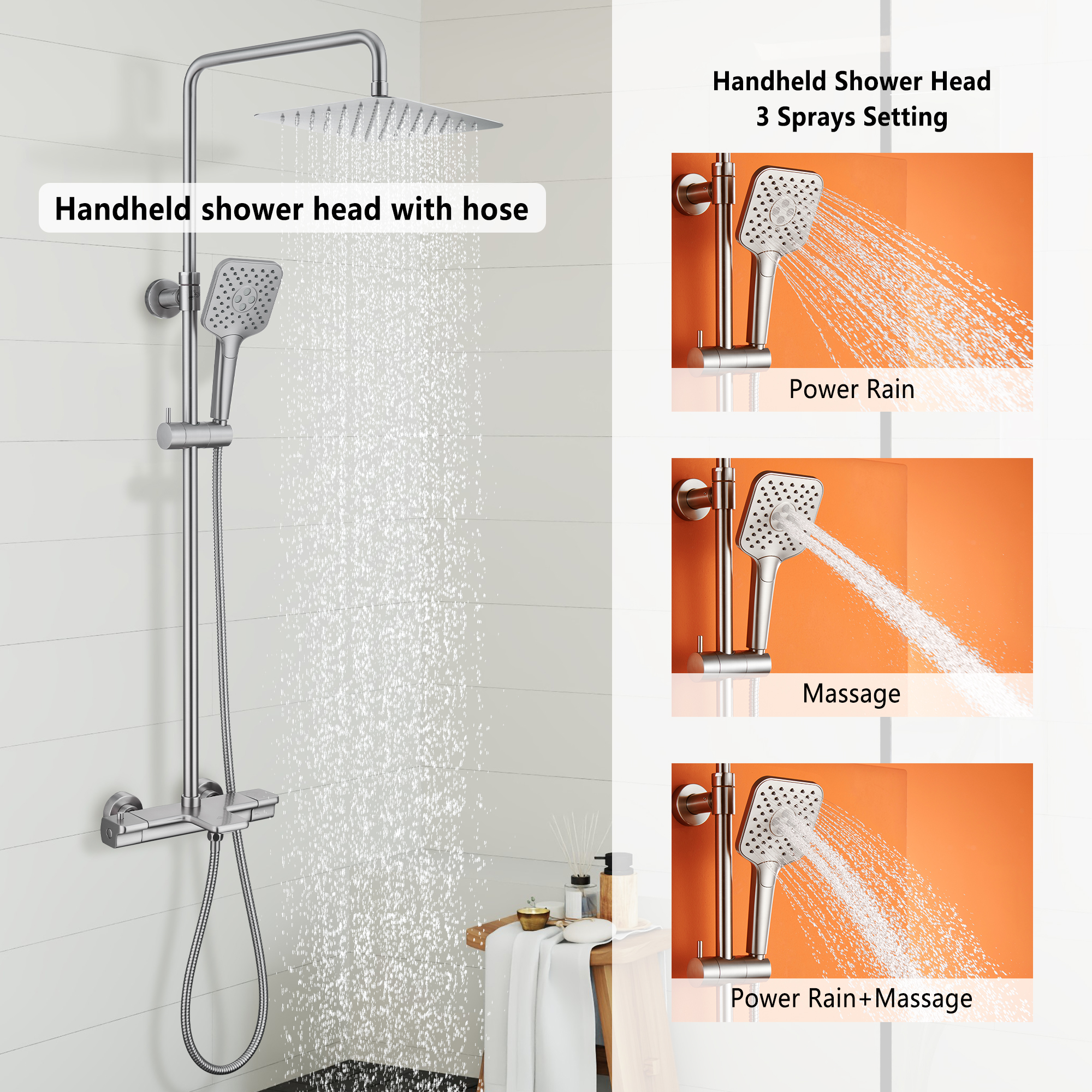 9.8" Thermostatic Rain Shower Faucet with Tub Spout in Brushed Nickel