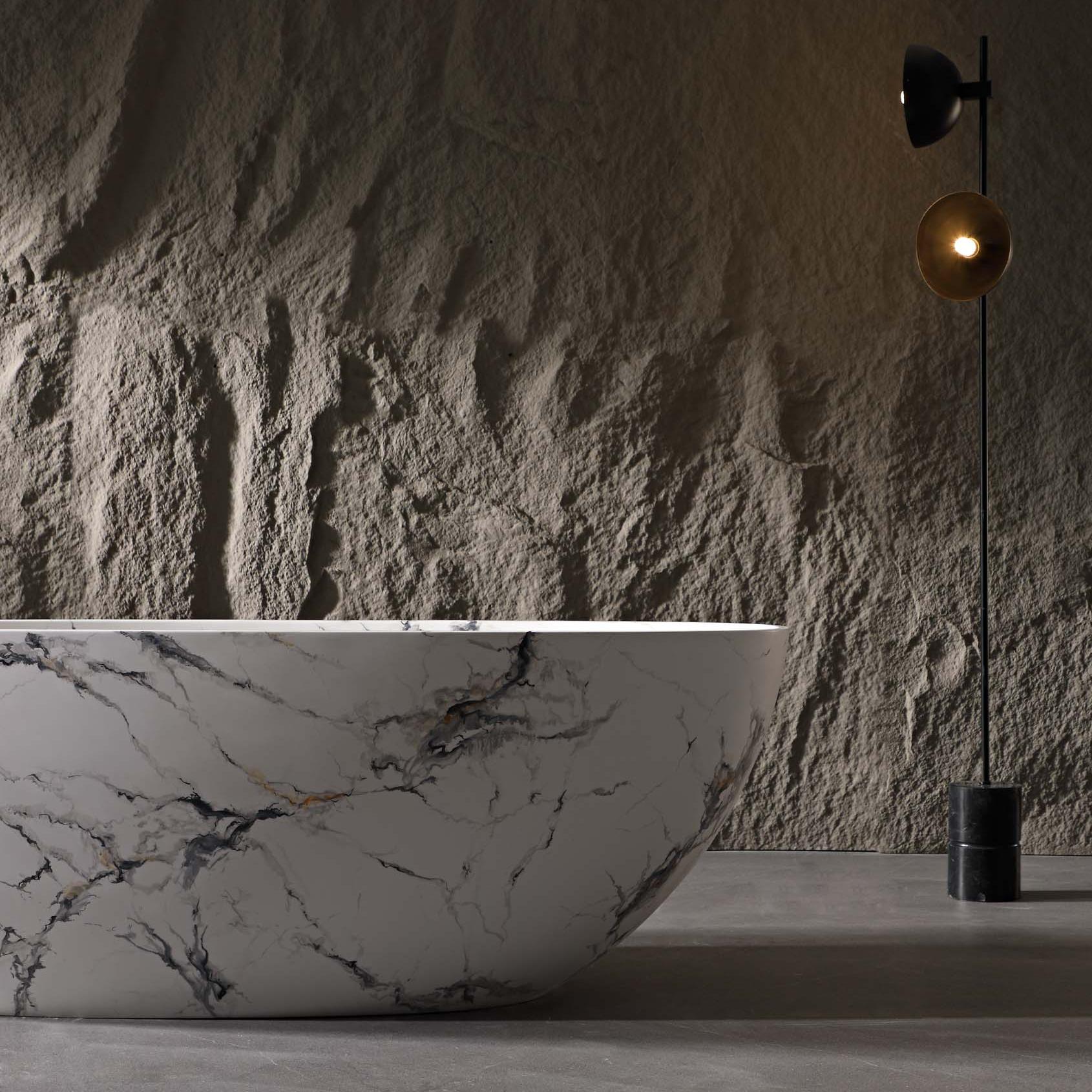 65" Freestanding Solid Surface Bathtub in Statuario White Marble Look with Ergonomic Backrest