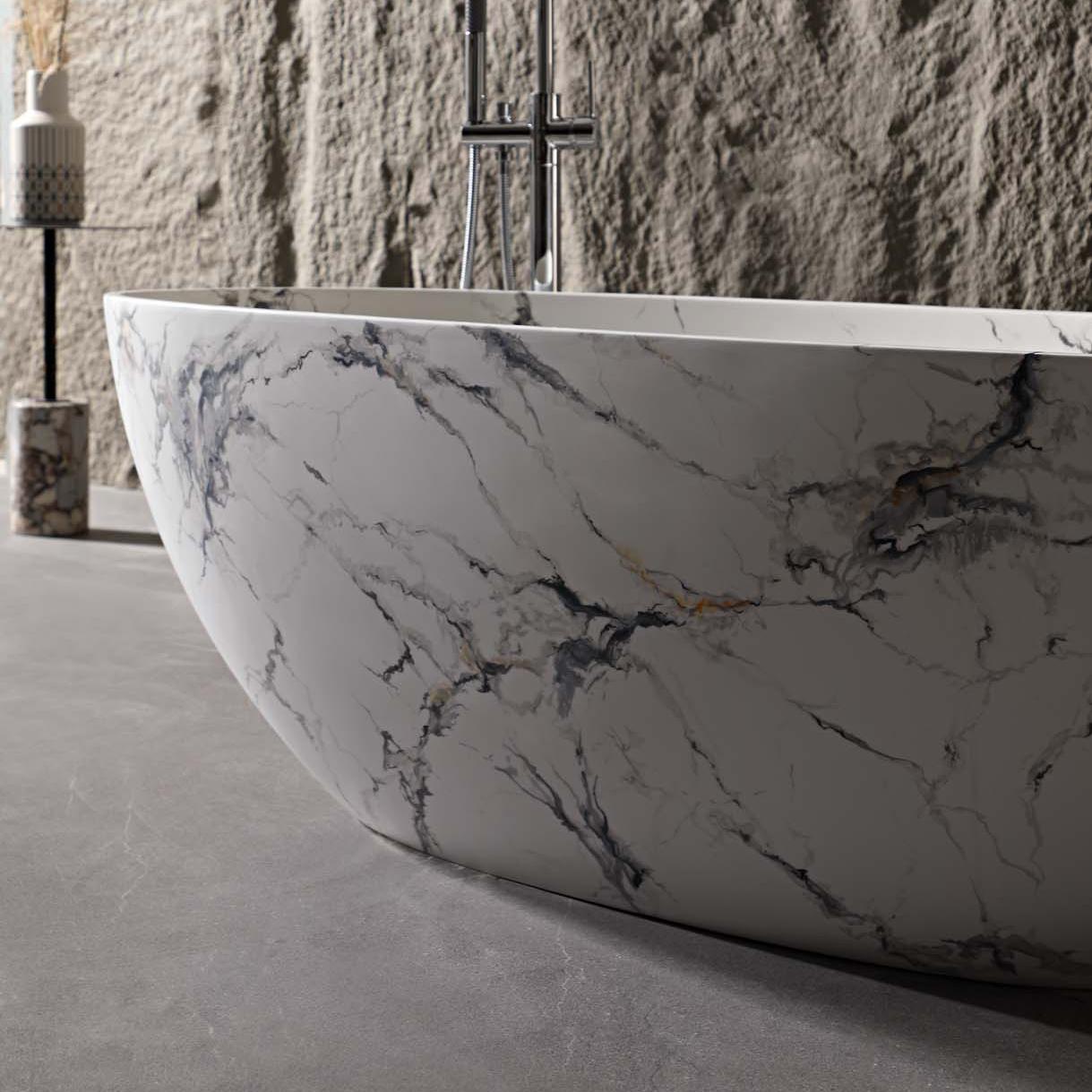 65" Freestanding Solid Surface Bathtub in Statuario White Marble Look with Ergonomic Backrest