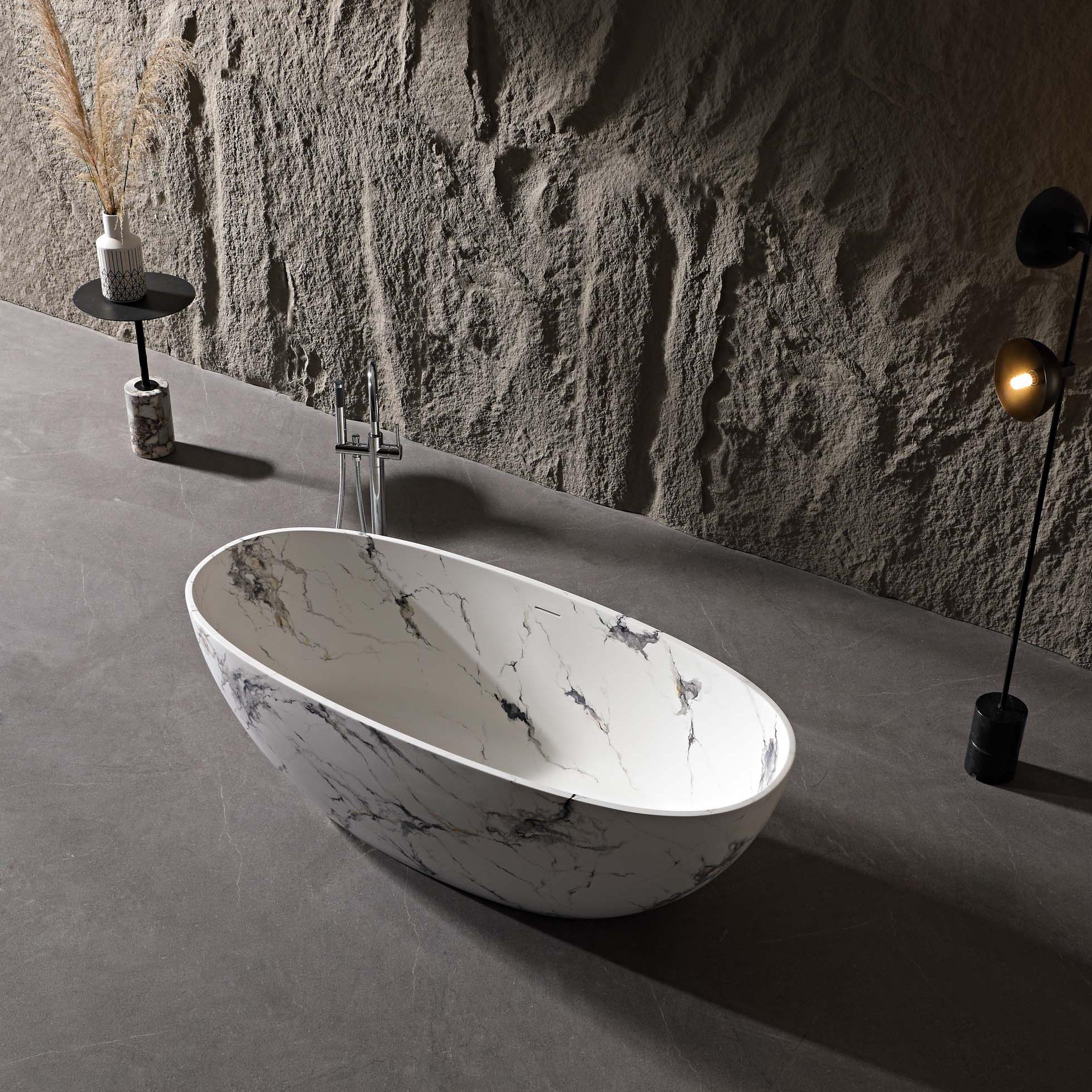 65" Freestanding Solid Surface Bathtub in Statuario White Marble Look with Ergonomic Backrest