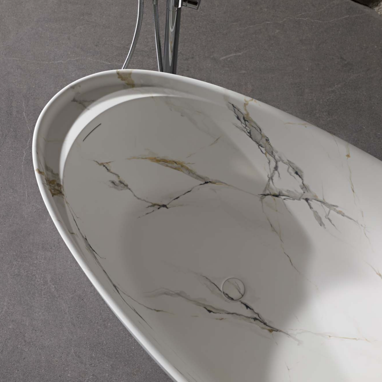 67" Luxury Freestanding Egg-Shaped Solid Surface Soaking Tub with Crescent Deck